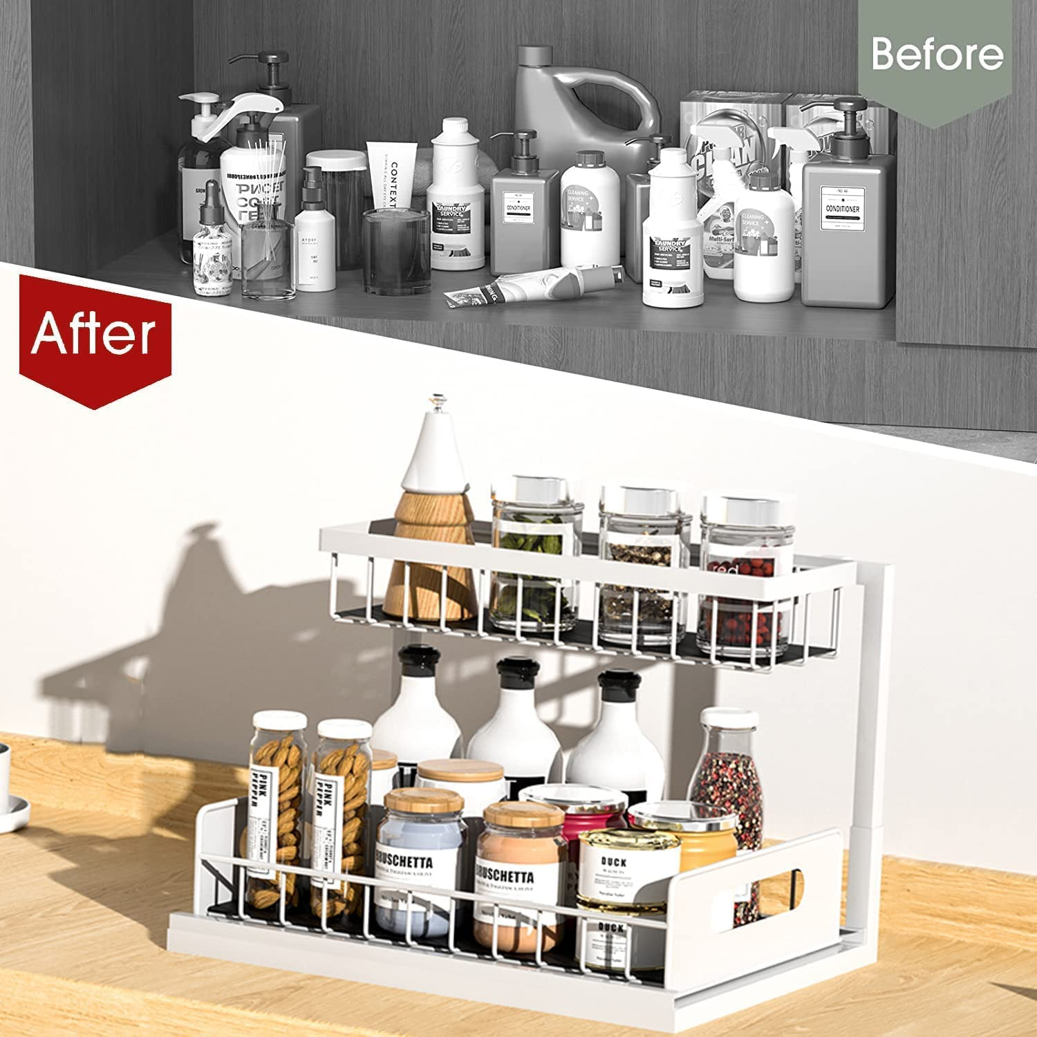 Kitchen Storage & Organisation, under Sink Storage,2 Tier under Sink Organiser, Sliding Cabinet Drawer Storage with Non-Slip Pads,Multi-Purpose under Sink Shelf Organizer image number 4