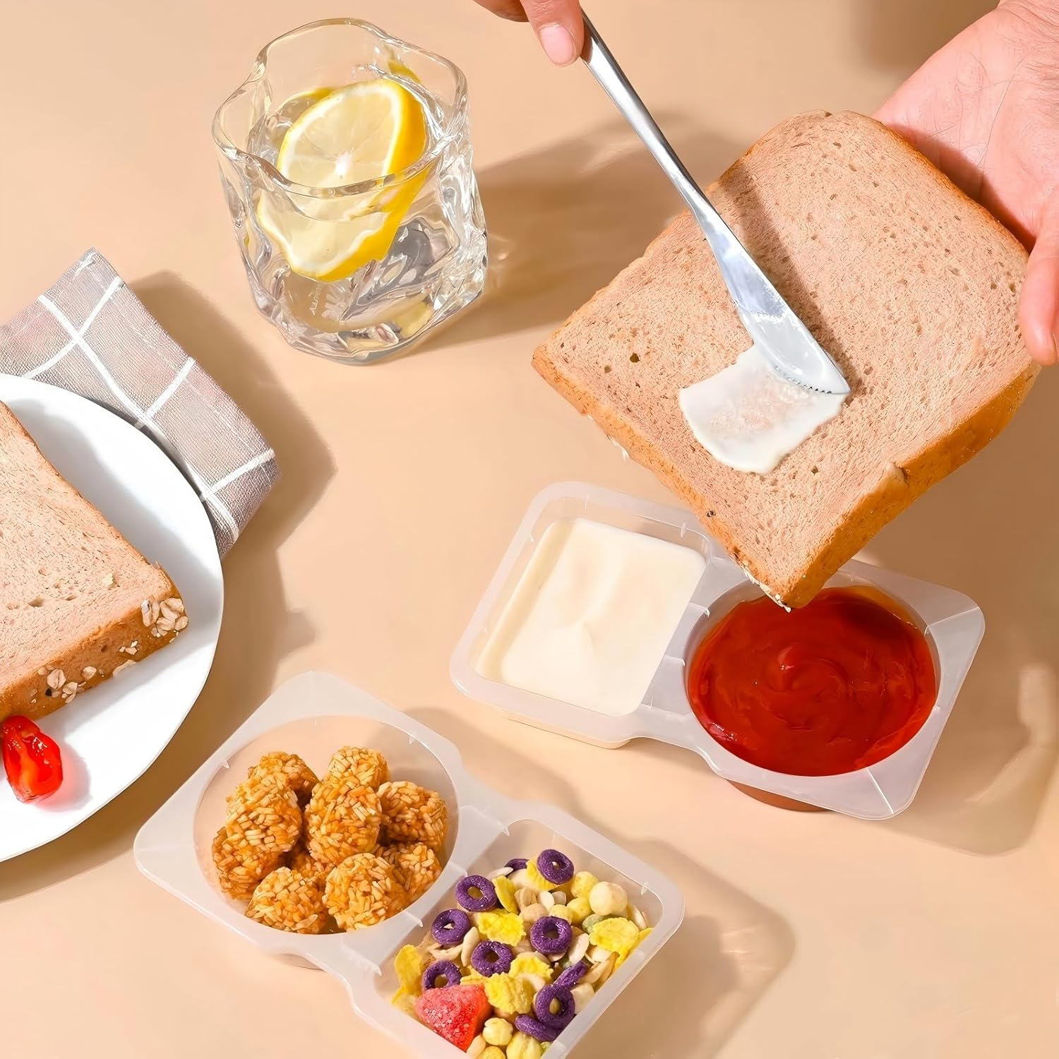 50 Pack Reusable Snack Containers with Lids 2 Compartments, Snack Pack Container Multipurpose Leak-Proof, Double Compartment Condiment Sauce Containers for To-Go Sauce, Sampling, Travel Snack image number 6