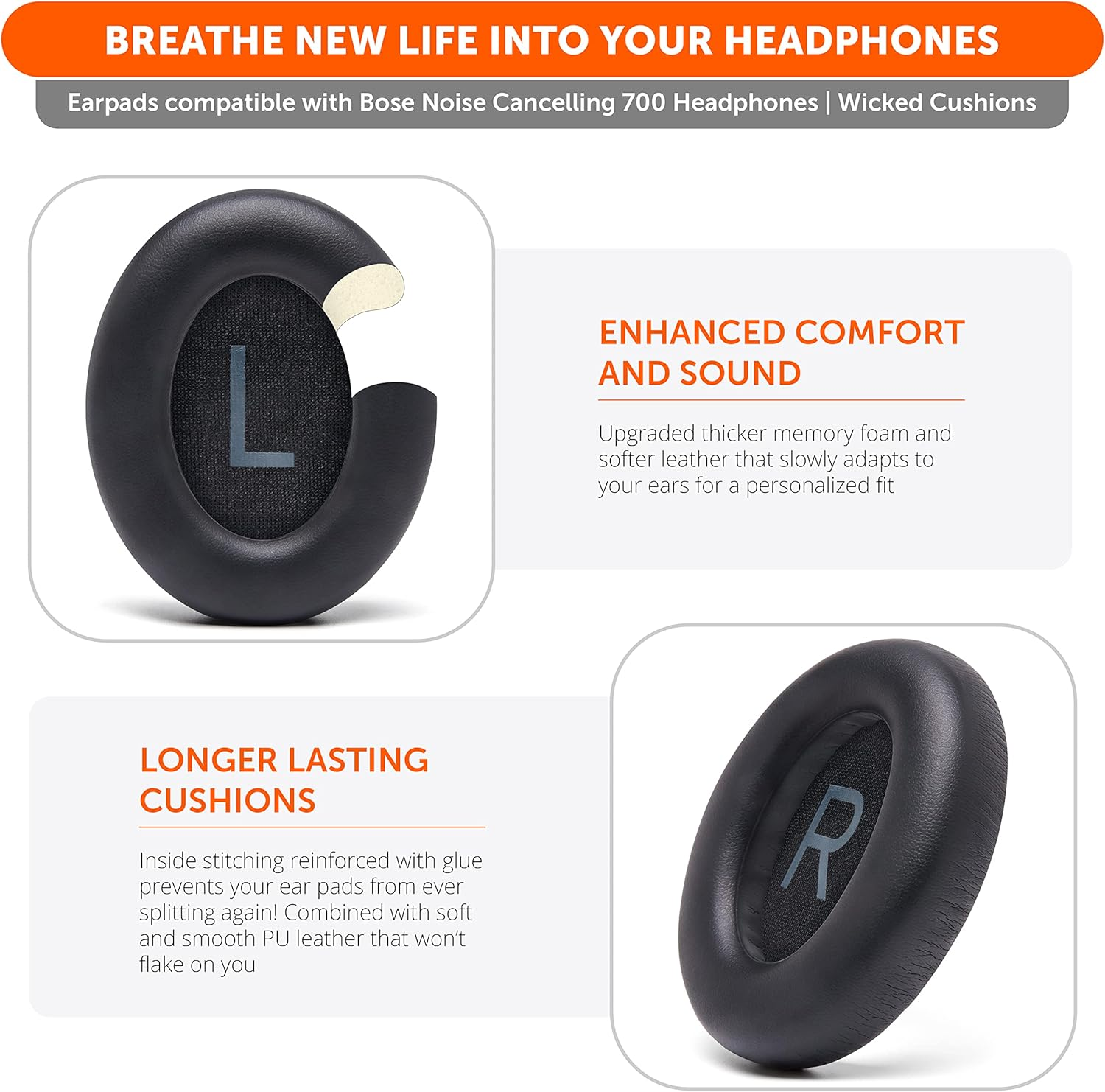 WC Wicked Cushions Upgraded Replacement Ear Pads for Bose 700 Noise Cancelling Headphones (NC700) - Softer PU Leather, Luxurious Memory Foam, Added Thickness, Extra Durable Ear Cushions (Black) - Black image number 5