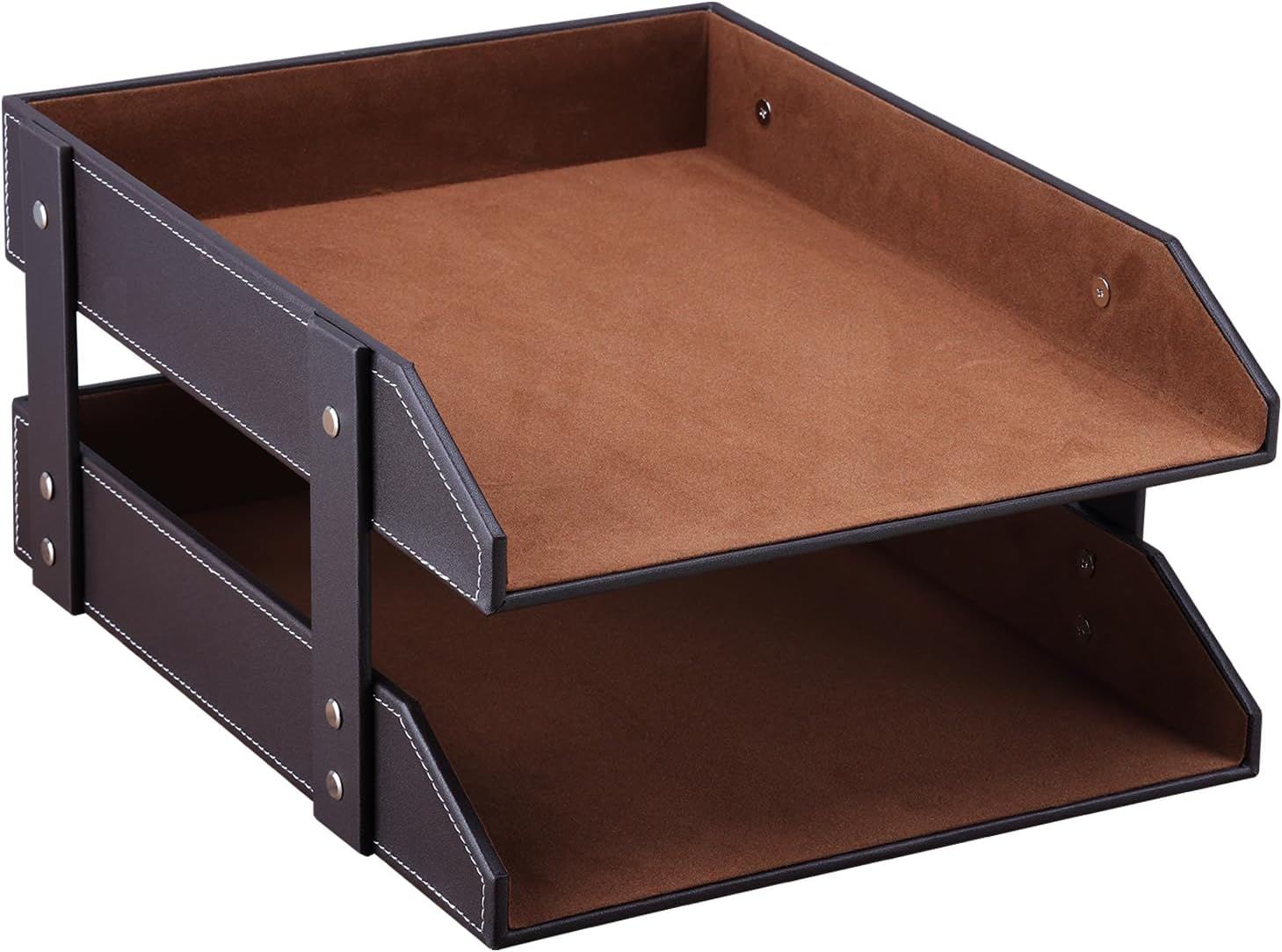 KINGFOM Office Desktop Files Collection Letter Tray A4 Print Papers Document Holder Leather Wooden Structure 2 Trays (Brown) A230-Brown image number 1