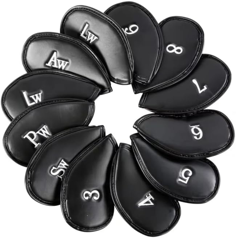 12 PCS Waterproof PU Leather Head Cover Golf Iron Club Putter Headcover 3-SW Set with Number Applique for Easy Recognition Black、Blue, Protective and Durable - Black Plain Pattern image number 4