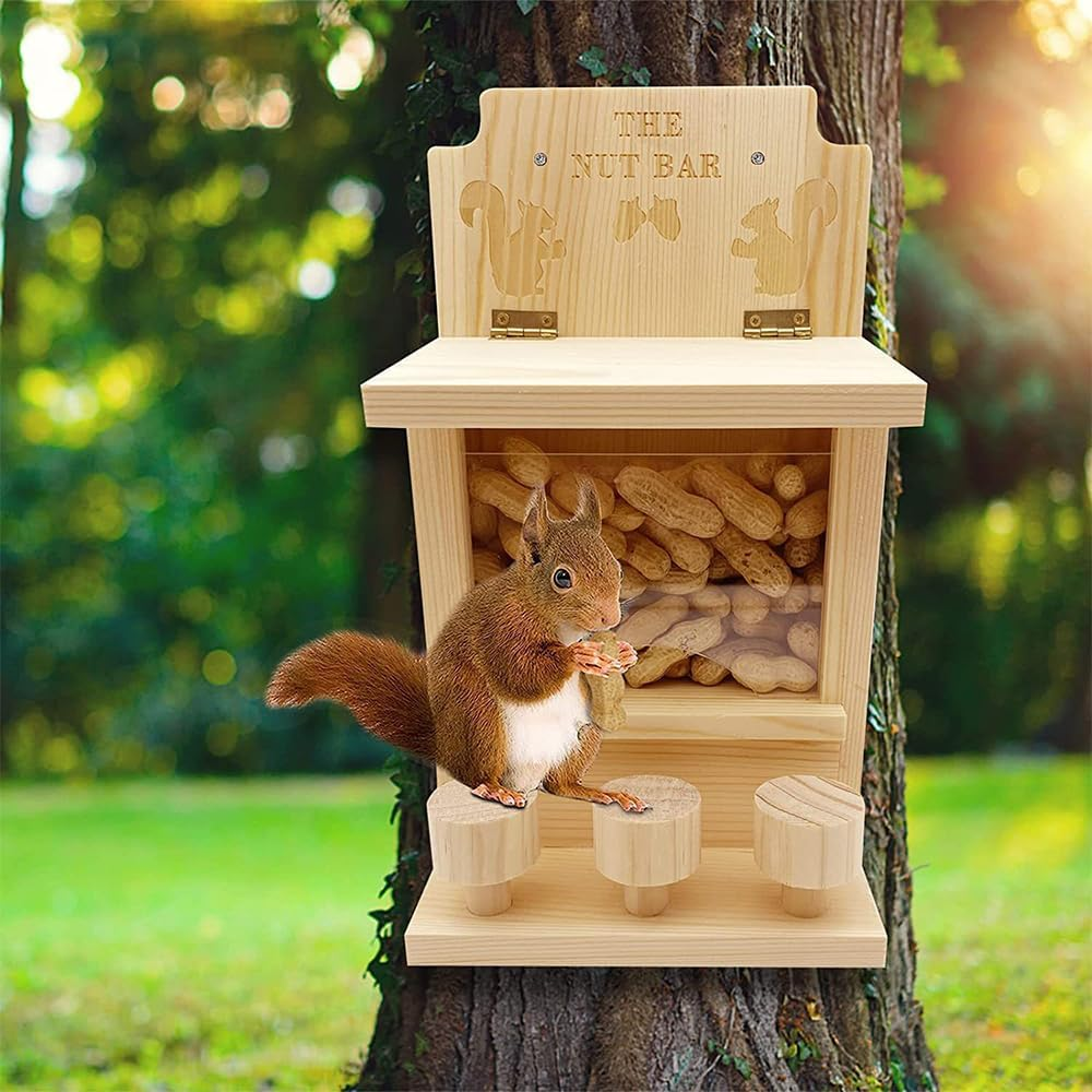 Wooden Squirrel Feeder,Durable Box Easy to Fill,Squirrel Feeders for outside with Corn Cob Holder and round Stool,Wood Waterproof Picnic Table Funny Chipmunk House Nuts Bar for Backyard Garden Outdoor image number 5
