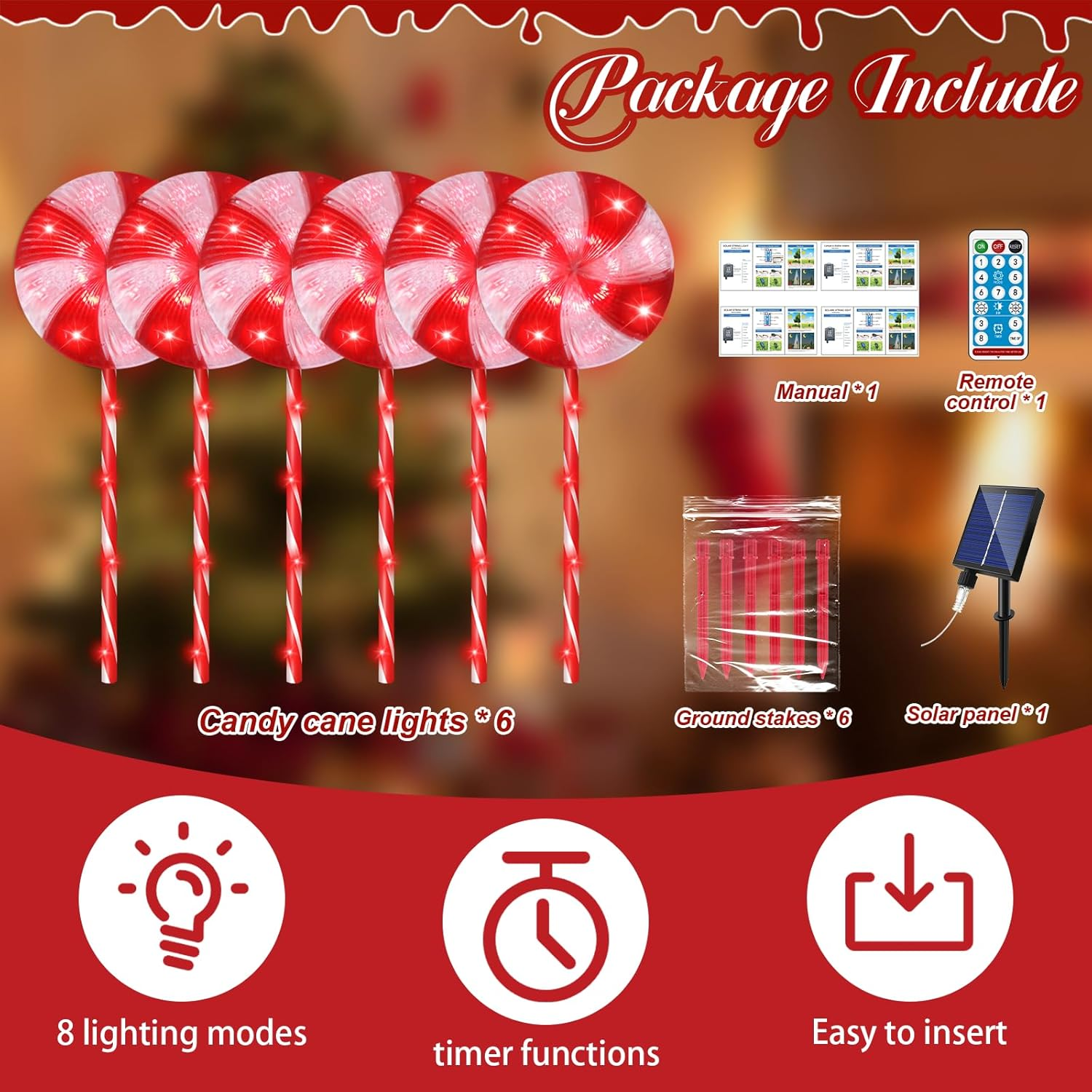 FLSEPAMB 6 Pack Christmas Lollipop Lights Outdoor with Remote Control, 120 Red Leds Christmas Pathway Markers Lights Outdoor Decorations 8 Modes for Xmas Patio Garden Yard Decor image number 1