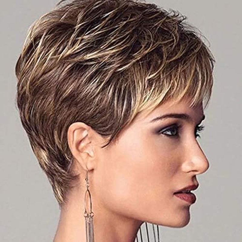 Women'S Short Brown Pixie Wig - Stylishly Textured with Layered Pieces and Wispy Side-Swept Bangs for a Chic Look