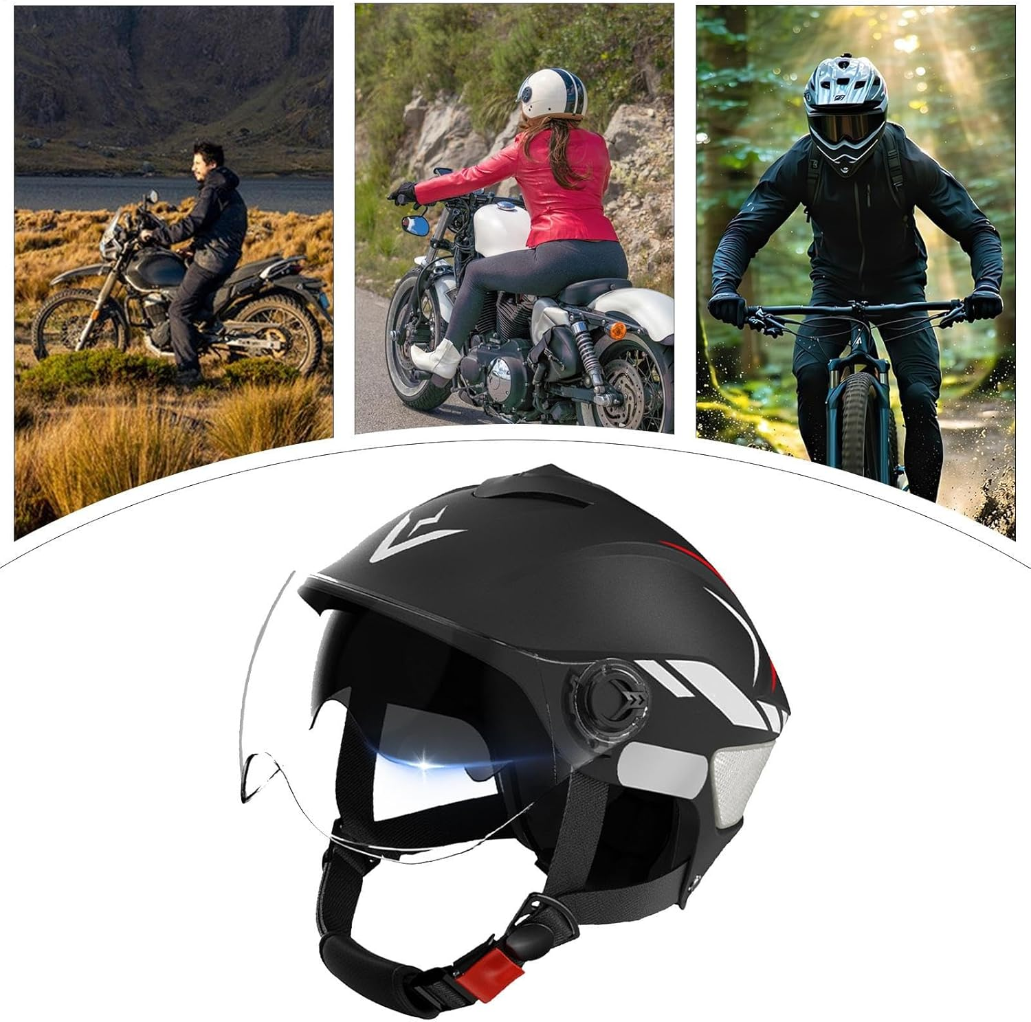 Helmet for Motorcycle - Double Visor Scooter Helmet for Adult - Adjustable Fit Riding Gear, UV Block Hard-Shell Hat for Wife Husband Son Family Men Friends - Black image number 3