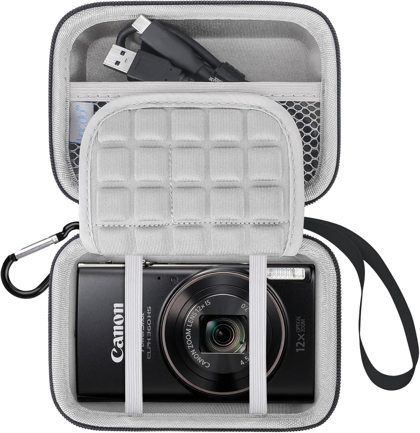 Lacdo Camera Carrying Case for Canon Powershot ELPH 360/200/185/180/190/350, Sony Cyber-Shot DSC-W830/WX350/WX500/W810/W800 Digital Camera, Hard EVA Protective Storage Trave Bag, Black+Black