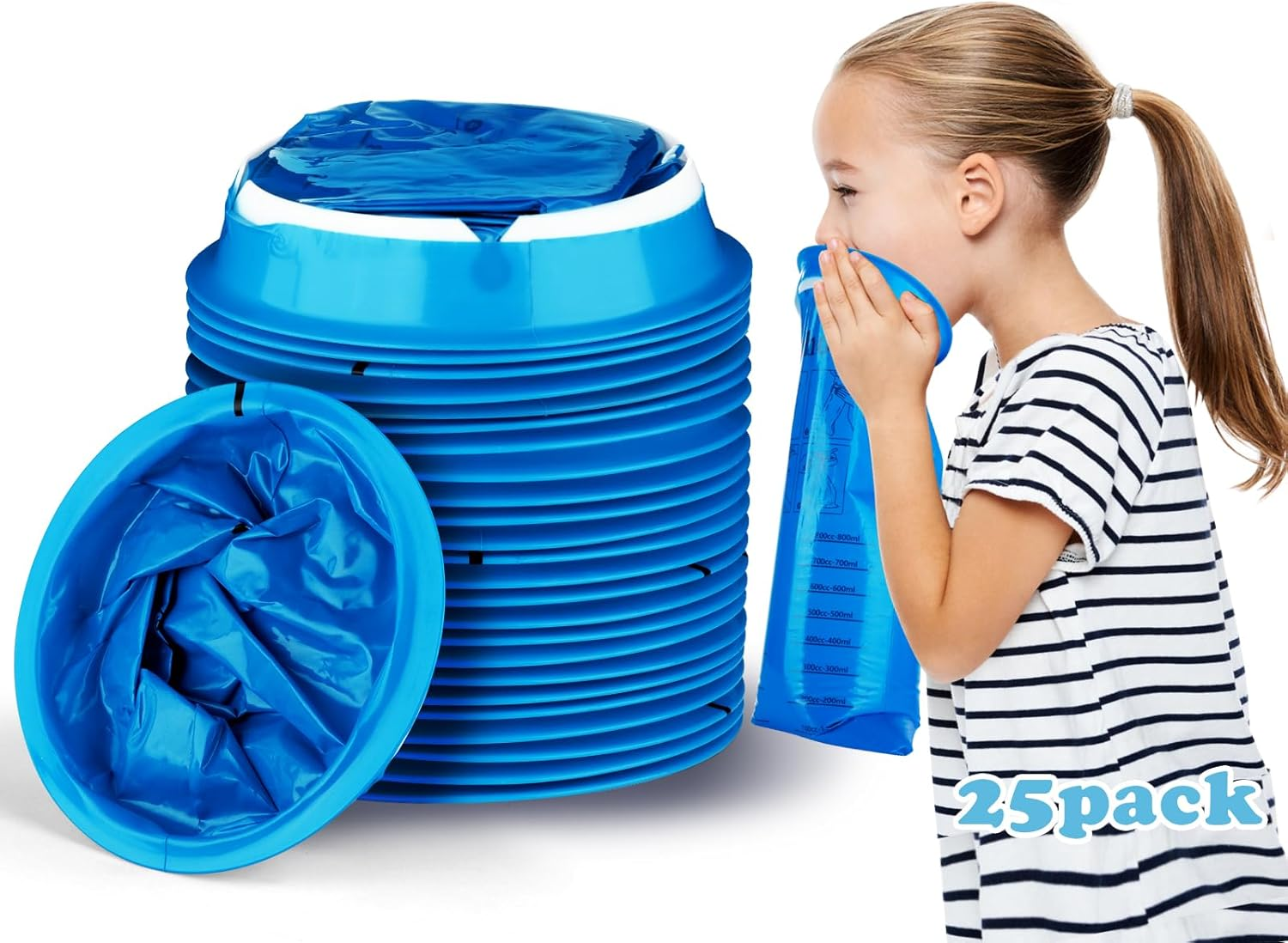 25 Pack Kids Vomit Bags Disposable &ndash; Leakproof Vomit Bag for Car, Road Trip, Motion Sickness Relief &ndash; Emesis Bags for Toddlers, Travel Essentials, Hospital-Grade Barf Pockets (800Ml) image number 6