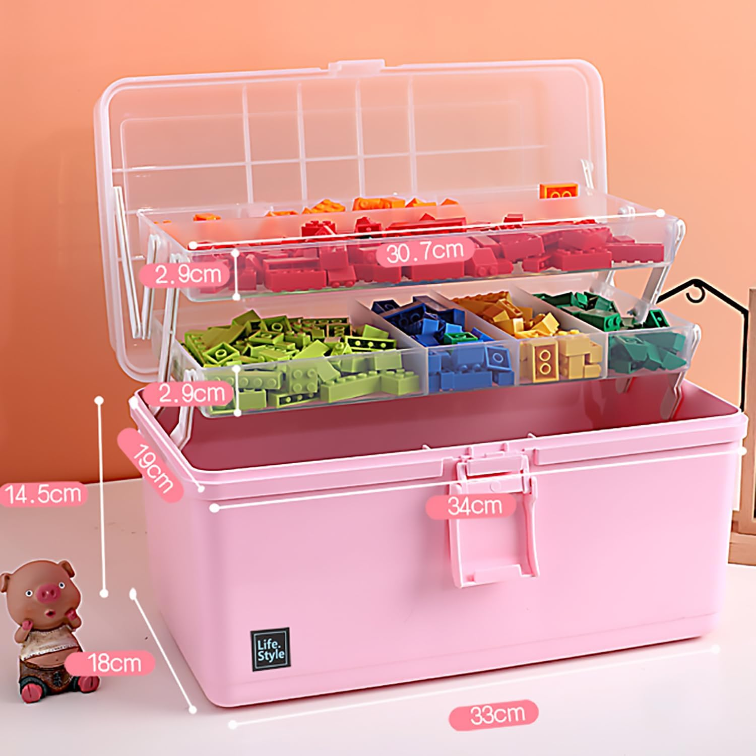 Foldable Multiple Layers Extra Large Plastic Storage Case with Compartments, Crafts Arts Storage Box, Handled Sewing Box, Multipurpose Plastic Box, Pink image number 1