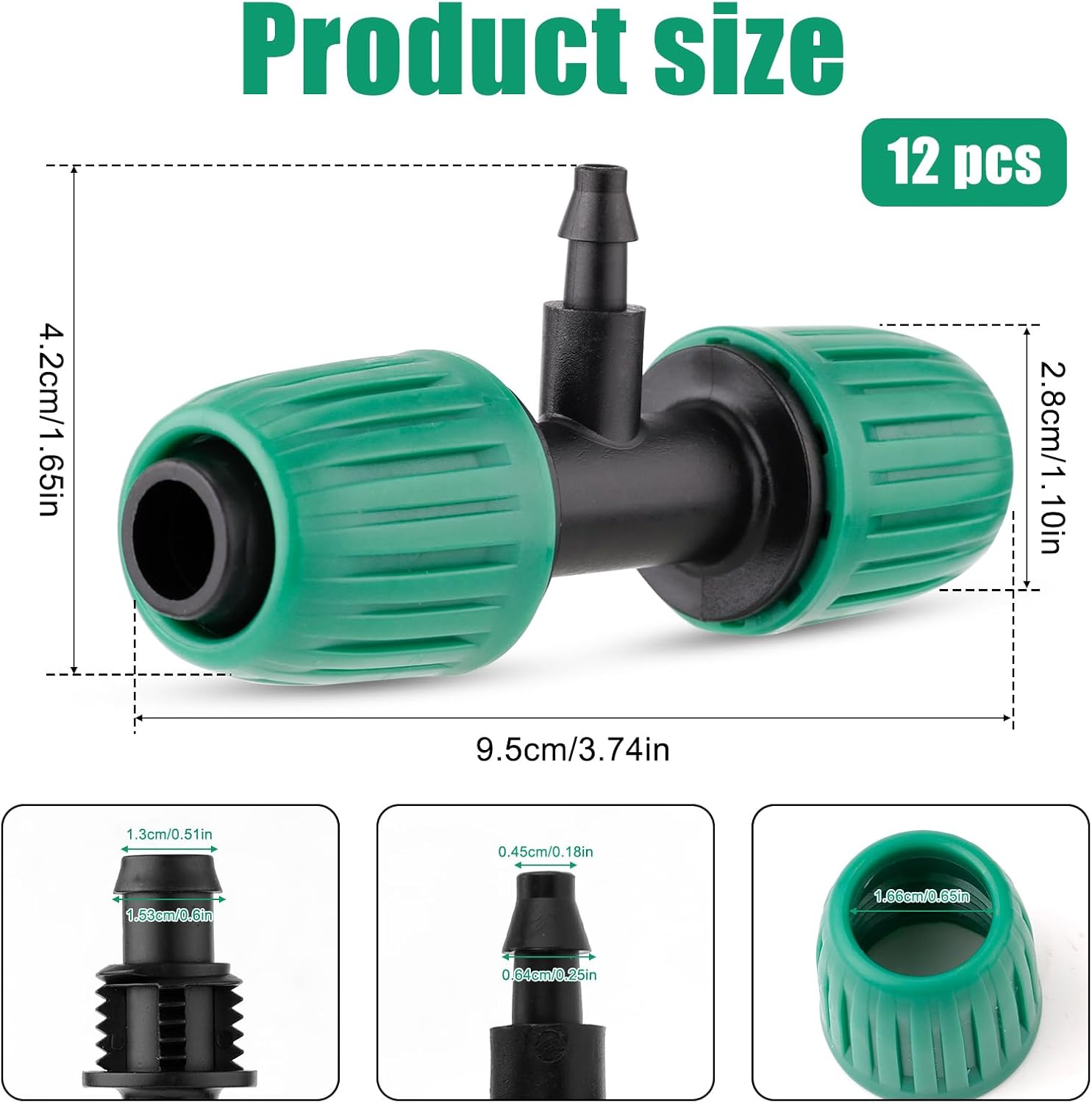 12Pcs 1/2 to 1/4 Drip Irrigation Fittings, Black and Green 1/2 to 1/4 Drip Irrigation Adapter Premium Polypropylene Drip Irrigation Parts 3 Way for Greenhouse Courtyard Lawn image number 4