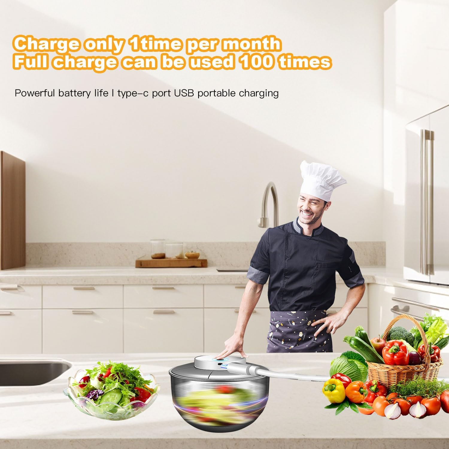 Salad Spinner, Stainless Steel Electric Vegetable Washer Dryer 4.5L Large Capacity Lettuce Spinner with Drainage Basket Salad Dryer Mixer for Vegetables, Herbs, Berries image number 3