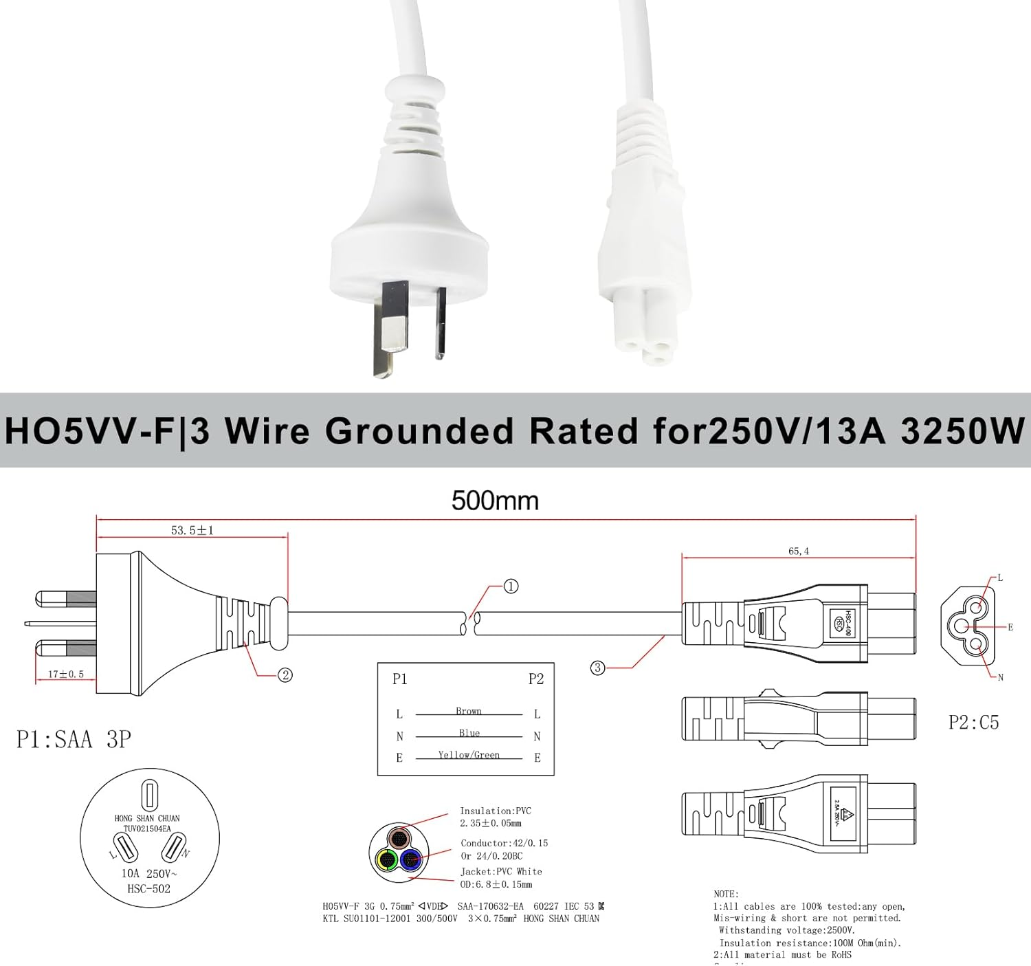 White 3-Pin IEC-C5 Power Cable 50Cm Replacement Clover Charging Cable 0.5 Meter Australia Clover Leaf Cord image number 4