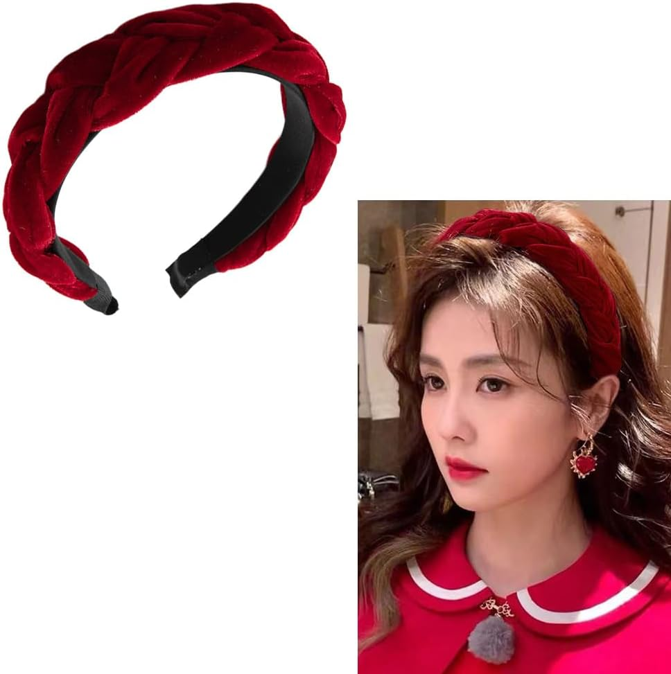 RFTWXHPN Black Velvet Braided Headbands for Women Padded Wide Hair Bands Braid Headband for Women Girls Non Slip Thick Braided Head Bands Chunky Puffy Hair Hoops Band Braids Headband