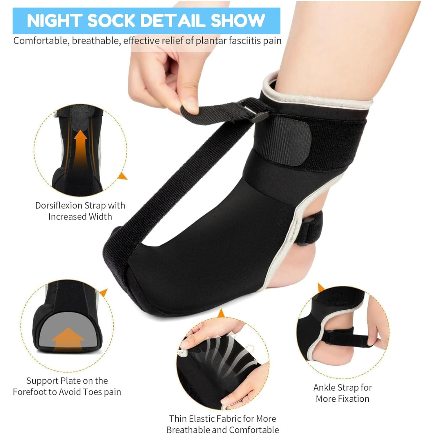 Adjustable Plantar Fasciitis Night Splint - Breathable Foot Brace with Arch Support for Heel Pain Relief, Men/Women (Black)