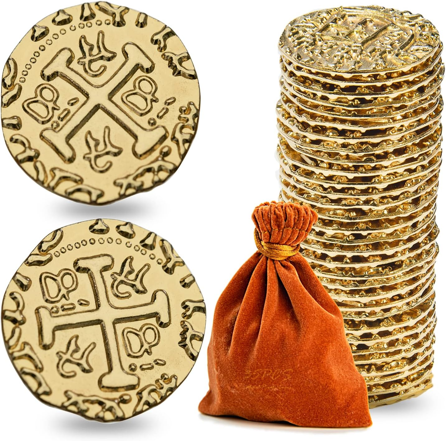 Metal Pirate Coins, Prefdo 100PCS X Large Gold Treasure Coin Set Spanish Doubloon Replicas Fantasy Metal Coins Pirate Gold Coins Tokens for Board Games Pirate Party Cosplay