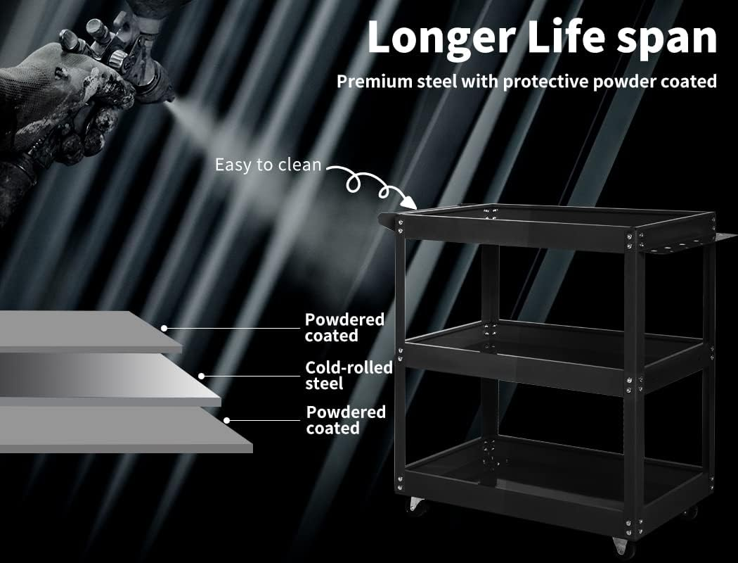 Traderight Tool Cart Trolley 3-Tier Toolbox Workshop Garage Storage Organiser, 150 Kg Capacity, Black