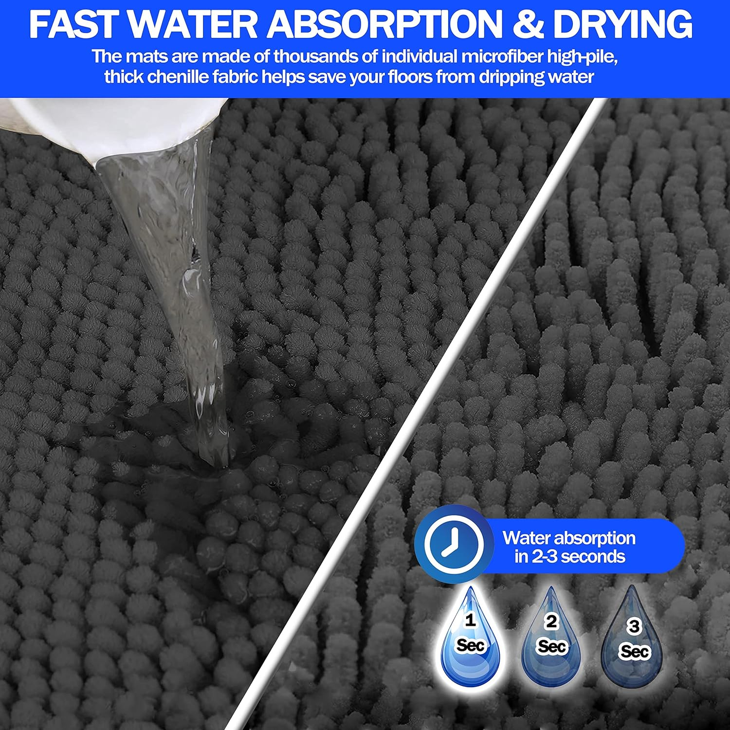 Bath Mat, GVTECH Chenille Non-Slip Back 50 X 80 CM Fleece Softness, Highly Absorbent, Bathroom Carpet, Super Soft Microfiber Bath Rug, Rectangle, Easy to Clean Mat (Grey) image number 2