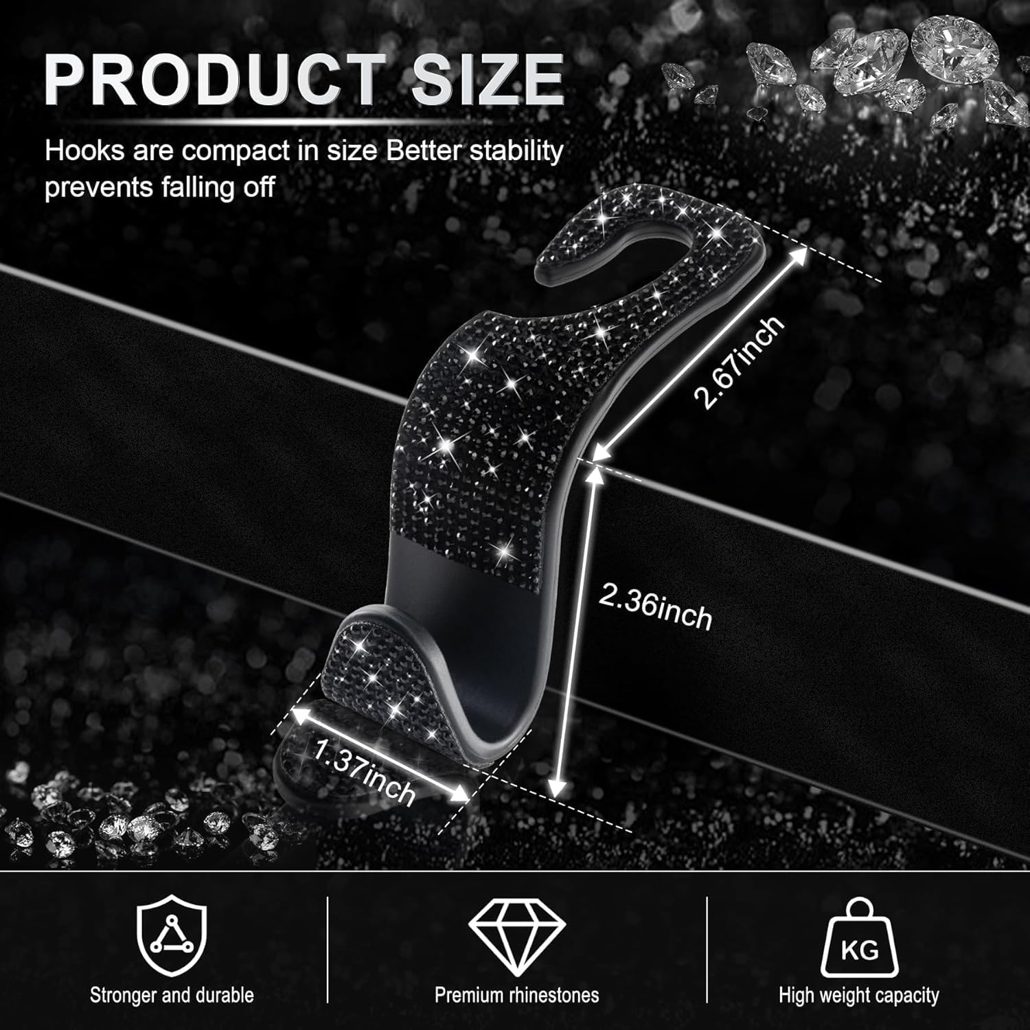 Crystal Bling Rhinestone Car Back Seat Headrest Hook,Universal Car Hooks， Purse Bag Holder, Car Interior Accessories for Women and Men,Handbag Hook for Car 4-Pack (Black) image number 1