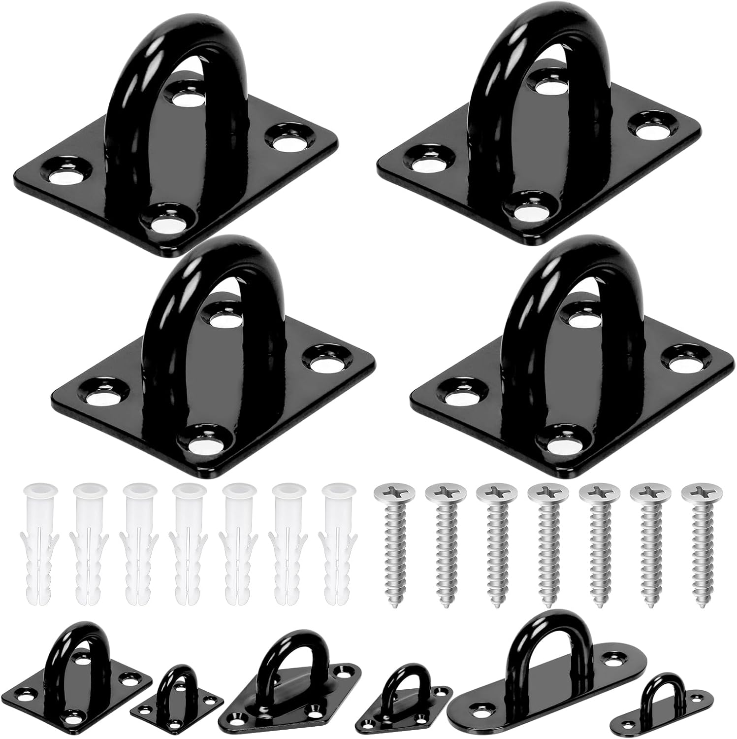 Glarks 36Pcs M8 Stainless Steel Pad Eye Plate Hook Kit, Square Eye Plate U Hooks Heavy Duty Ceiling Hooks and Carabiner Clips Snap Hook for Ceiling and Mounting Hanging Hardware image number 3