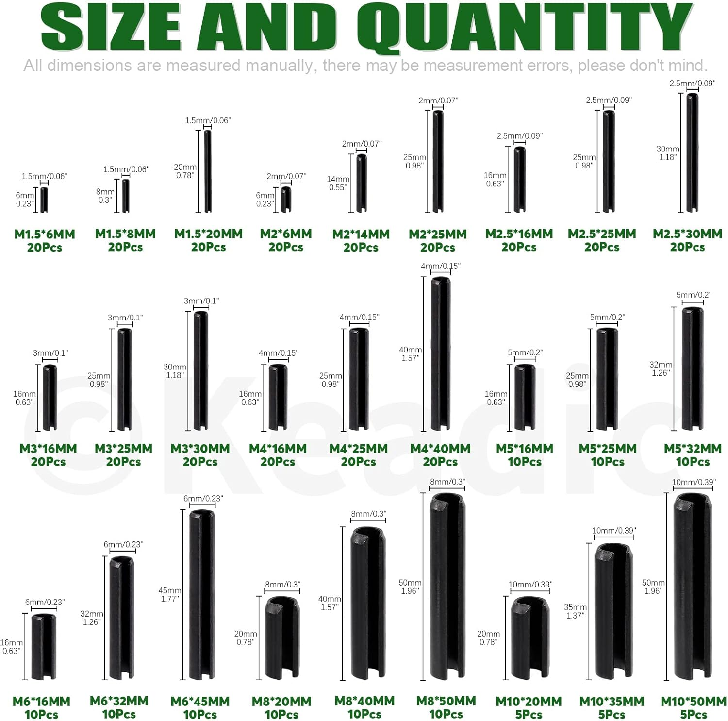 Keadic 405Pcs 27 Sizes Black Slotted Roll Pin Assortment Set, M1.5 M2 M2.5 M3 M4 M5 M6 M8 M10 Metric Split Spring Dowel Tension Roll Pins with Storage Case for Auto Repair Home Improvement image number 2