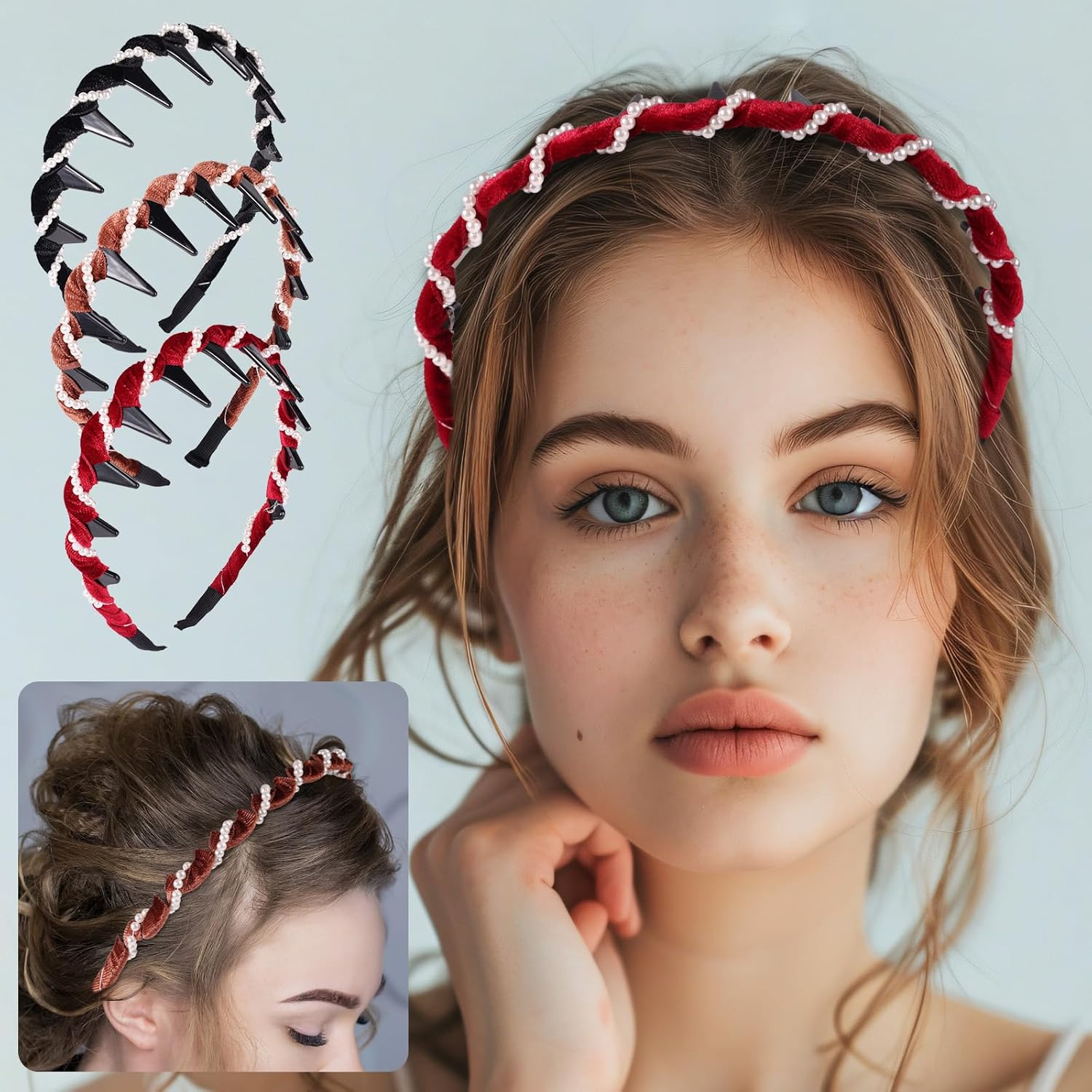 Sinbana 3Pcs Vintage High Cranium Pearl Headbands, with Comb Non-Slip Crown Wave Hairband Hair Accessories for Weddings Parties & Daily Wear (Brown, Red, Black) image number 4