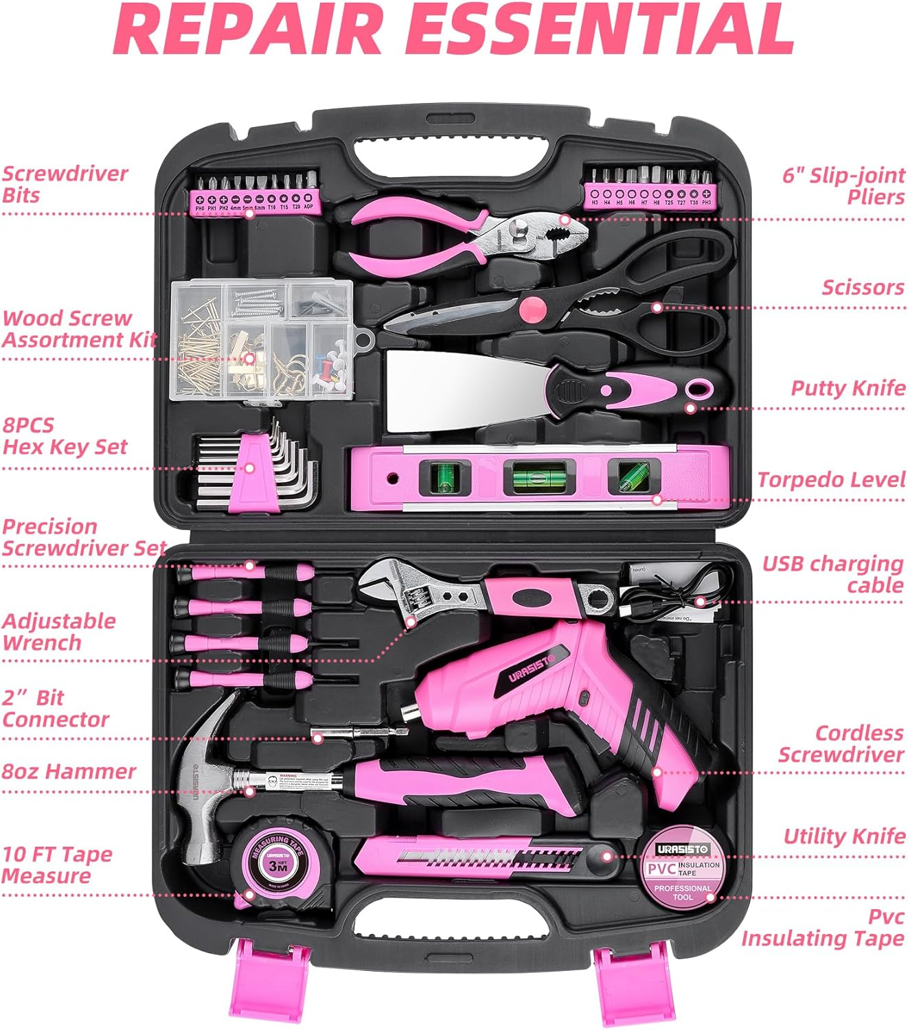 URASISTO Pink Household Tool Set with 3.6V USB Electric Screwdriver, 136 PCS Home Tool Kit with Cordless Lithium-Ion Drill Driver, Hand Tool Kits for Women image number 1