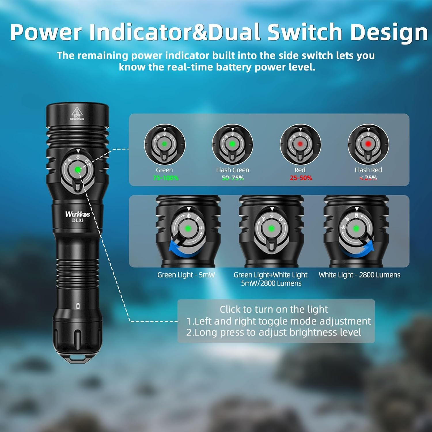 Wurkkos DL03 Dive Light 2800 Lumens 2-In-1 Scuba Diving Signal Light 1000M Green Beam and White LED Combo Underwater Flashlight,Rechargeable Flashlight IPX-8 Waterproof Submersible Flashlight image number 3