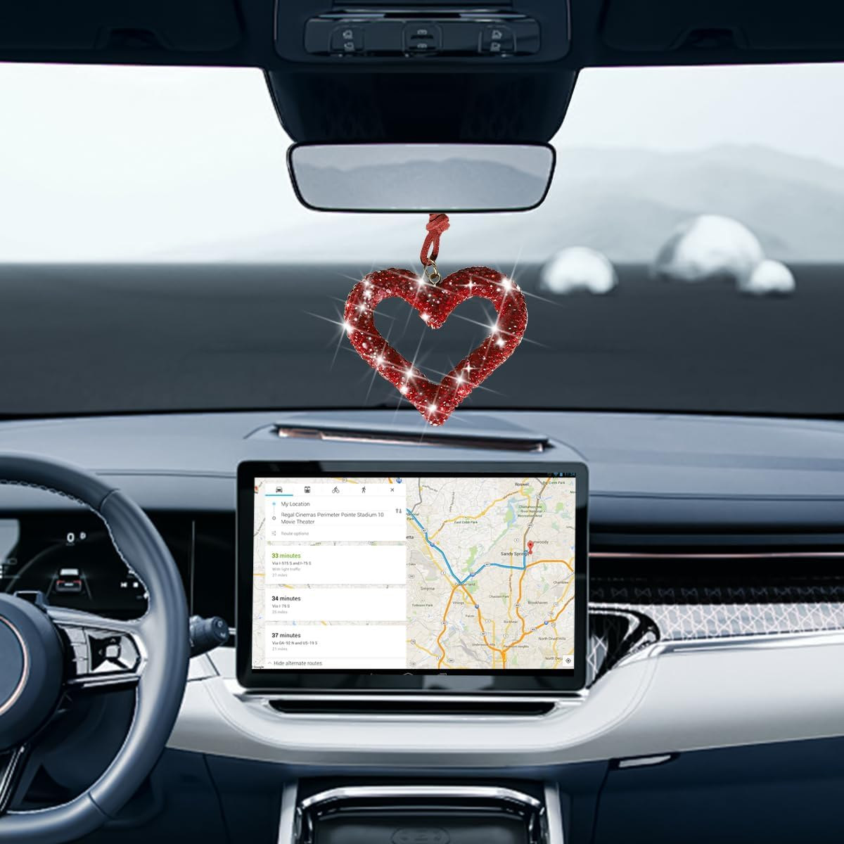 Mandark Bling Heart Car Hanging Accessories, Crystal Rhinestone Vehicle Rear View Mirror Charm Pendant Ornaments, Cute Diamond Auto Interior Hanger Decoration for Women Girls（Wine Red）