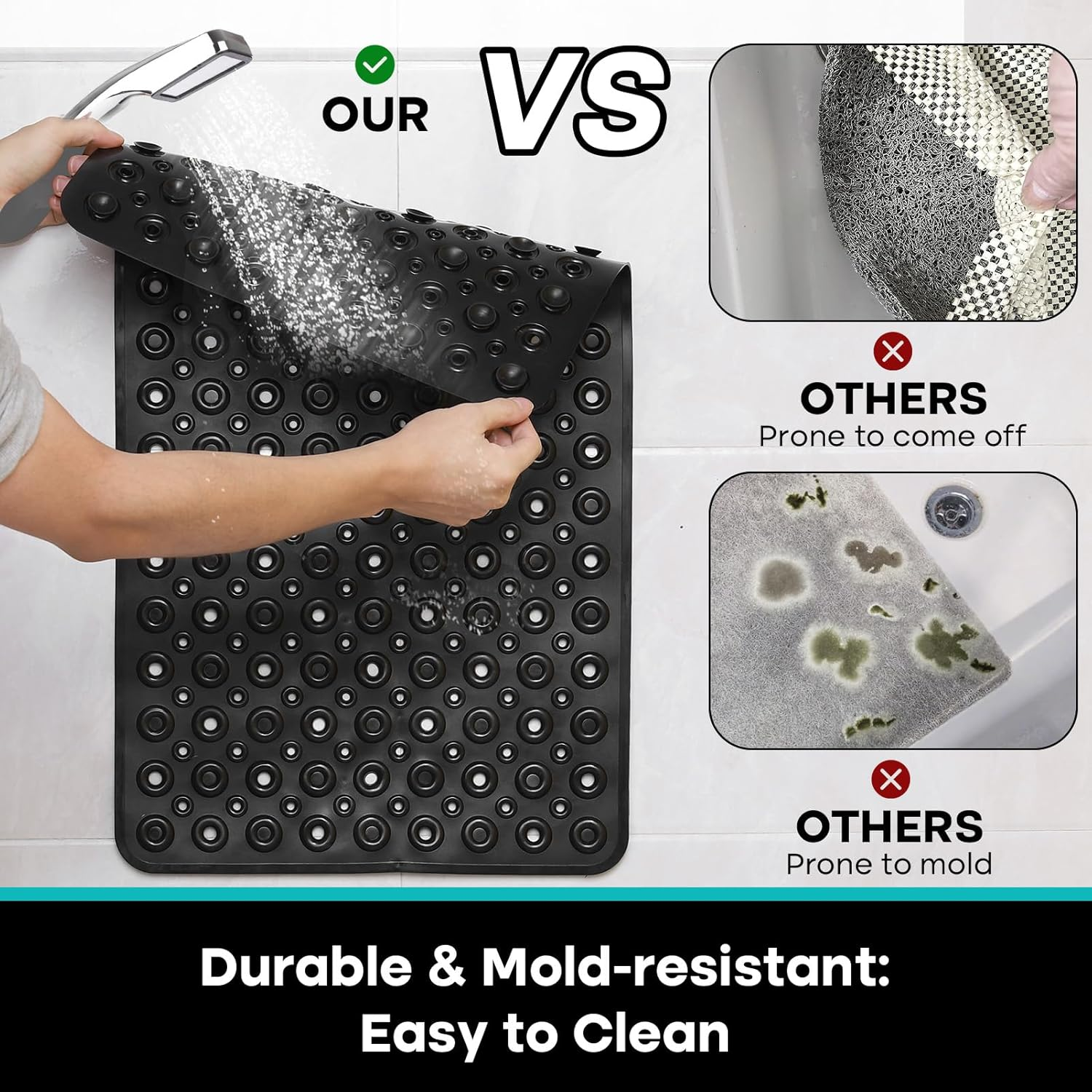 XIYUNTE Shower Mat Non Slip anti Mould - 70X40Cm PVC Non Slip Shower Mats for inside Shower, Bathtub Mat Non Slip Bath Mat with Powerful Suction Cups and Drain Holes, Easy to Clean, Black image number 6