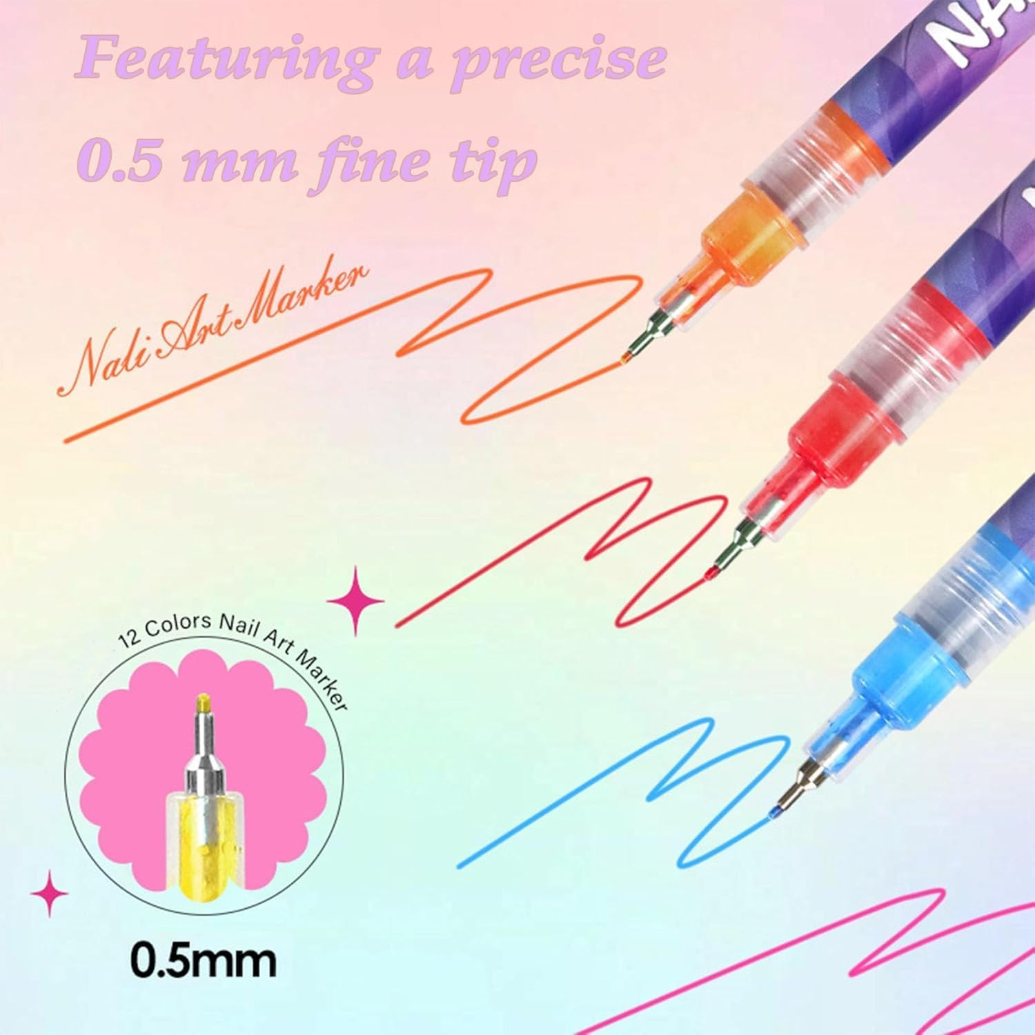 12 Colors Nail Art Pens Set, Quick-Dry Nail Art Markers Polish Pens for Dotting, Line Drawing, Painting & DIY Nail Design Tools (24Pcs) image number 1