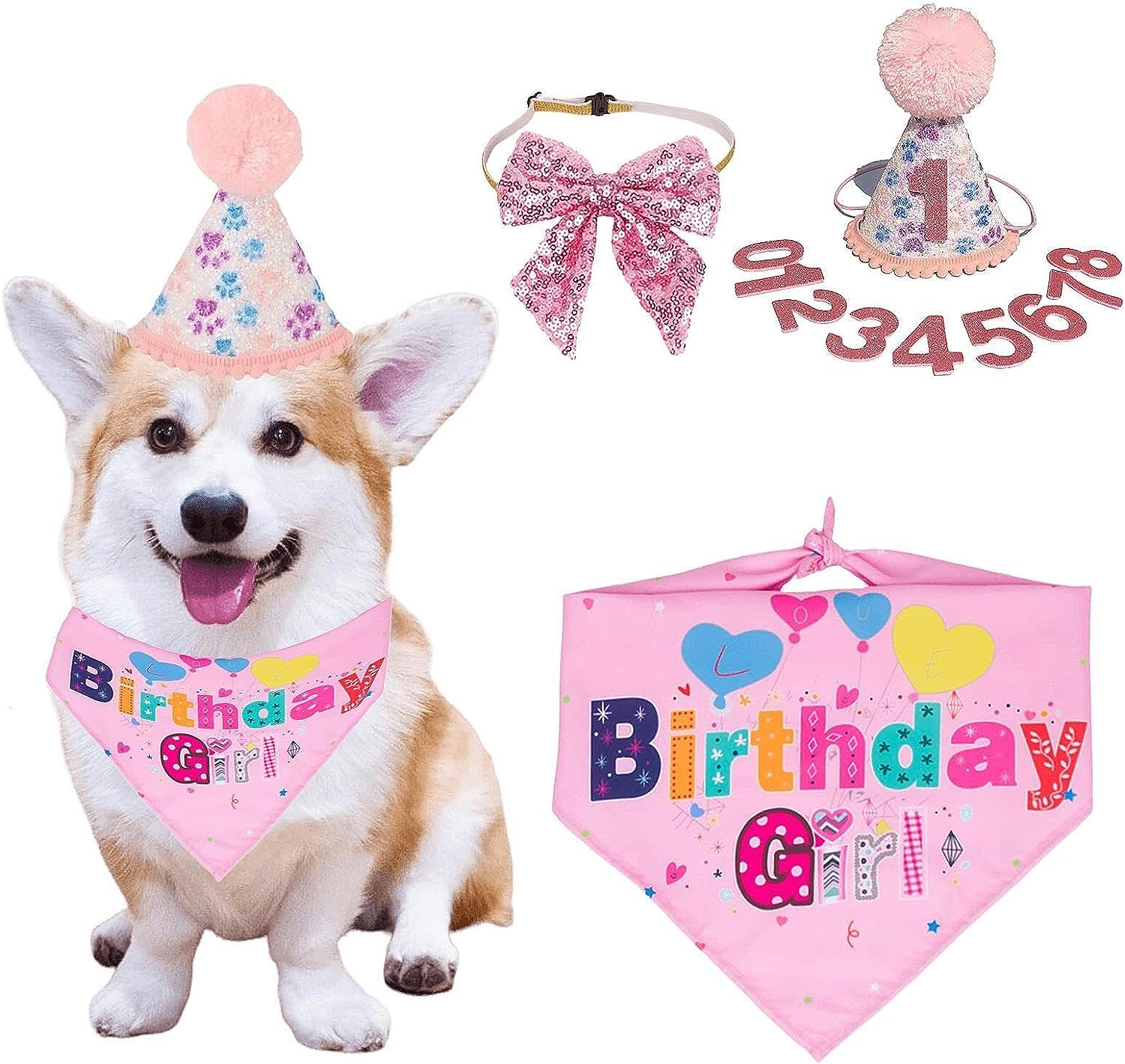 Dog Birthday Party Supplies, Reusable Girl Dog Birthday Bandana Scarf Set Cute Hat with Numbers Dog Puppy Birthday Decorations Bandana Hat Bow Set Tie for Small Medium Dog Cat Pet Toys Gifts (A) image number 1