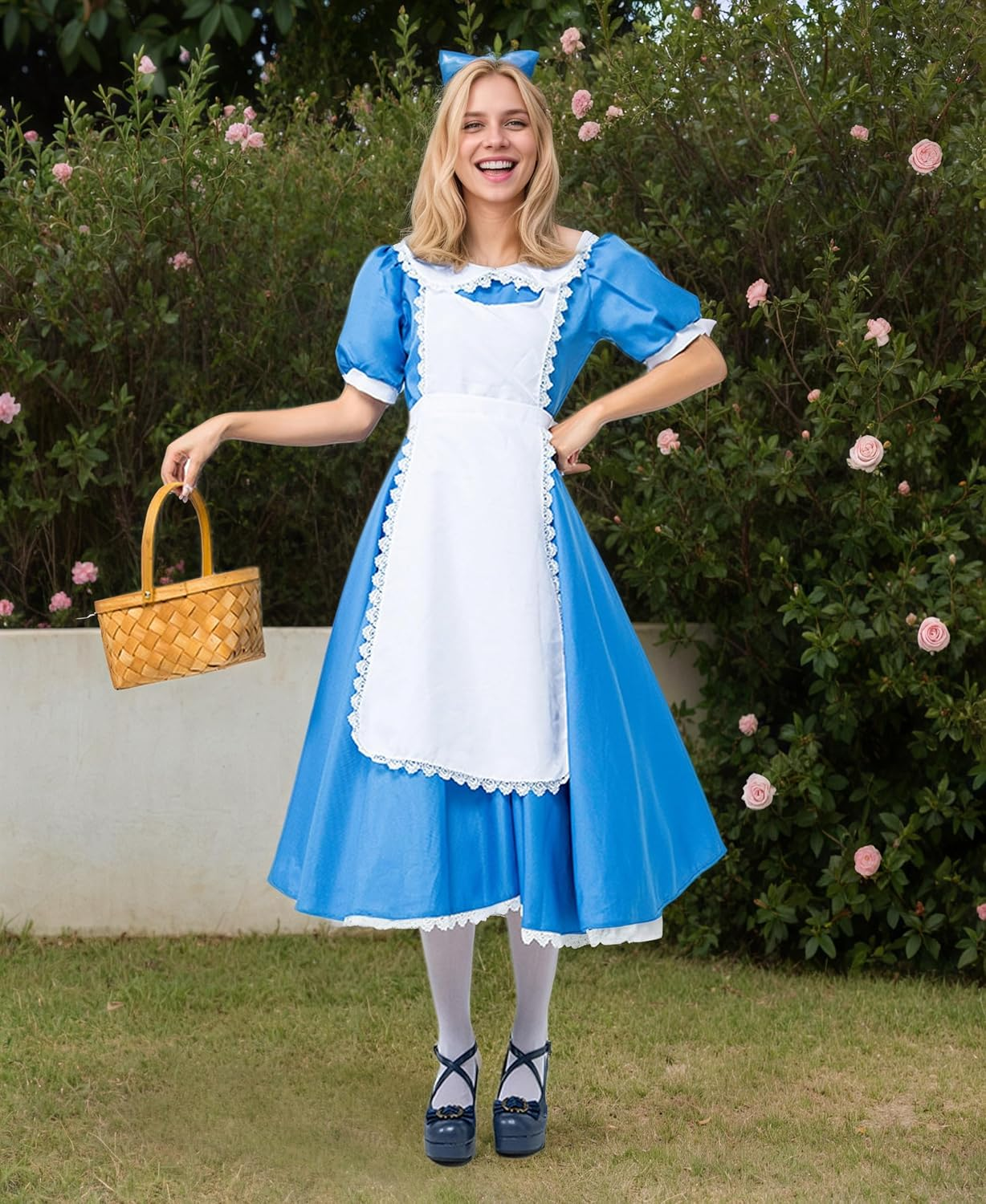 Alice Costume for Adults Halloween Women Cosplay Blue White Princess Dress with Bow Headband image number 3