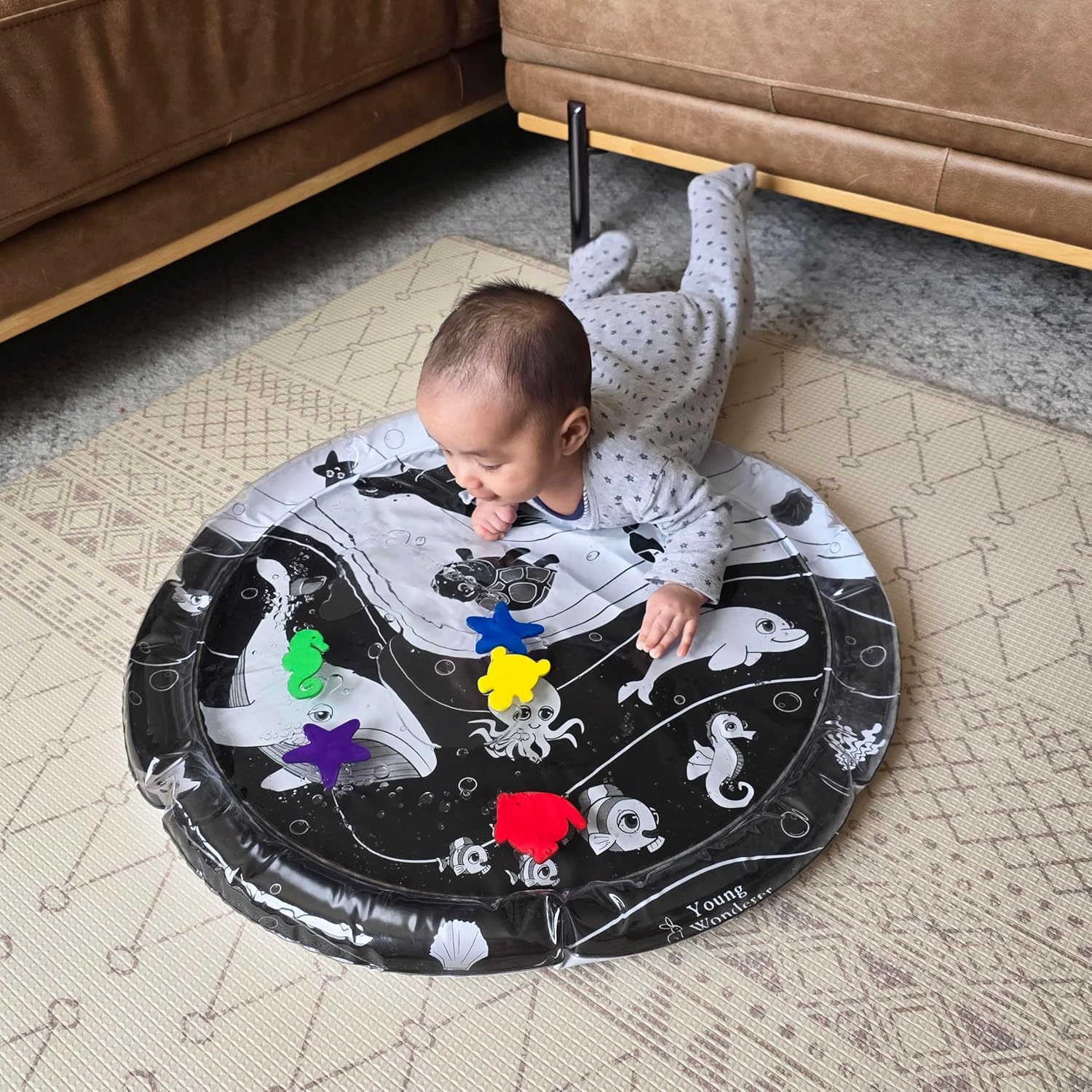 Under the Sea High Contrast Black and White Sensory Baby Water Mat, Baby Tummy Time Mat, Tummy Time Toy, image number 5