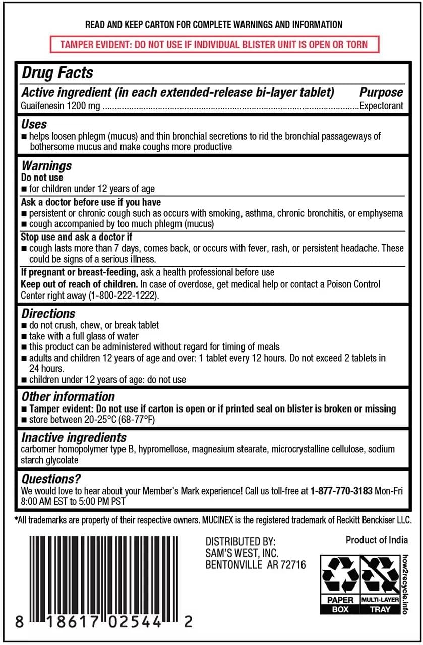 Member'S Mark Mucus Relief Maximum Strength Guaifenesin 1200Mg, 56 Tablets image number 2