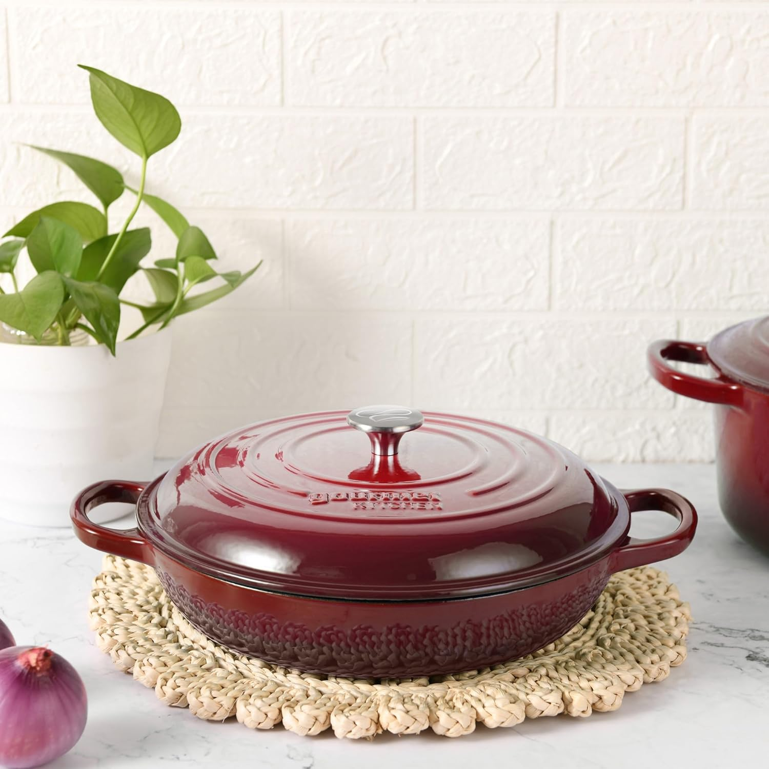 Gourmet Kitchen Cast Iron Shallow Casserole Dish with Lid Heat Resistant Knob Enamel Processing Oven Safe Dutch Oven Cookware High-Quality Non Stick Casserole 30Cm - Black Cherry Red - Eden Green image number 2
