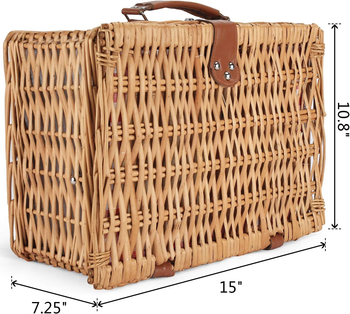 Wicker Picnic Basket for 2, Willow Hamper Basket Sets with Insulated Compartment, Handmade 2 Person Picnic Basket Classical Red Check with Utensils Cutlery Perfect for Picnic, Camping image number 5
