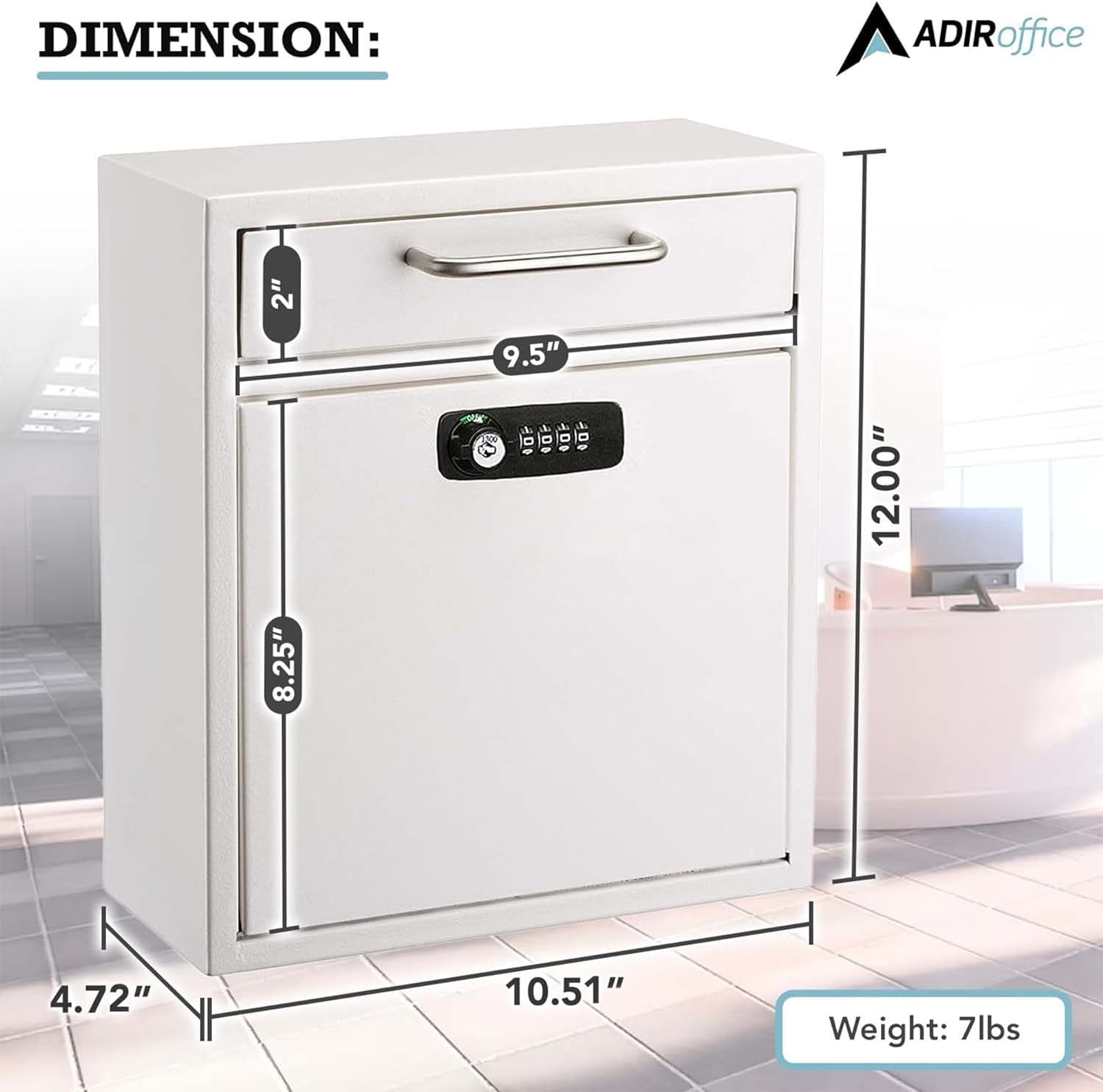 Adiroffice Ultimate Drop Box Wall-Mounted Mailbox - Hanging Secured Postbox - Durable Spacious Key or Combination Lock Box Perfect for after Hours Deposits Payments Key and Letter Drop (Medium, White) image number 1