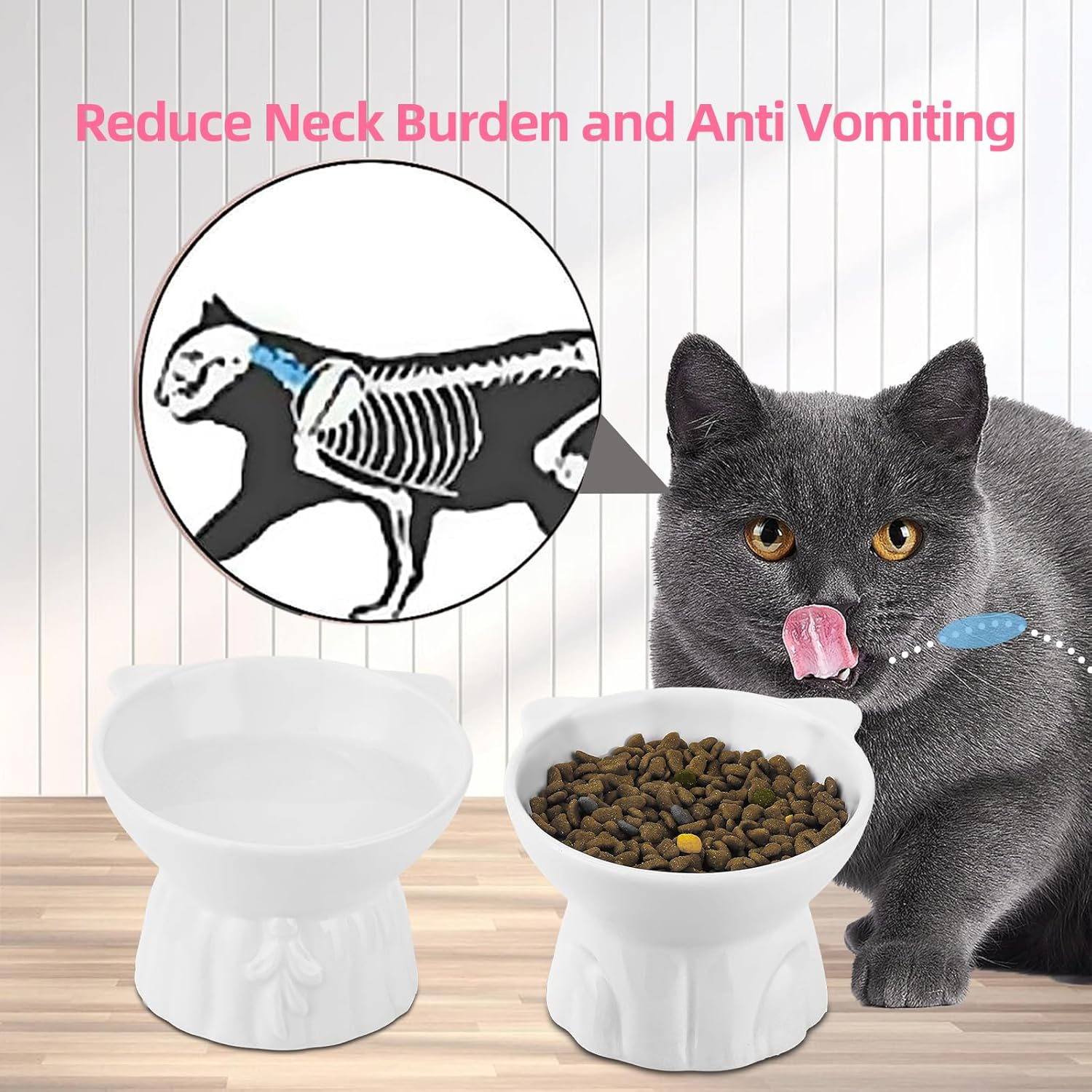 Ceramic Elevated Cat Bowls, 2Pc Extra Wide Raised Cat Bowls for Food and Water, Shallow Cat Food Dish Whisker Friendly, anti Vomit Cat Bowls Microwave and Dishwasher Safe, Great Height for Cat (White) image number 6