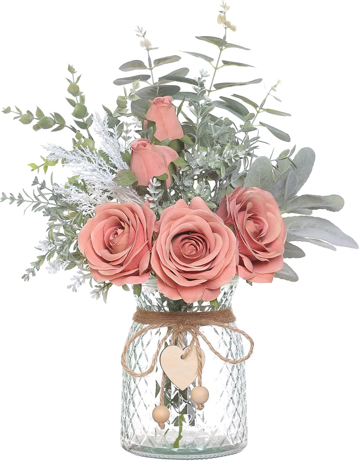 Faux Flowers with Vase,Artificial Silk Roses in Vase, Fake Plant Eucalyptus Flower Arrangement for Home Office Farmhouse Bathroom Dining Table Centerpiece Decorations Coffee Table Decor (Pink)