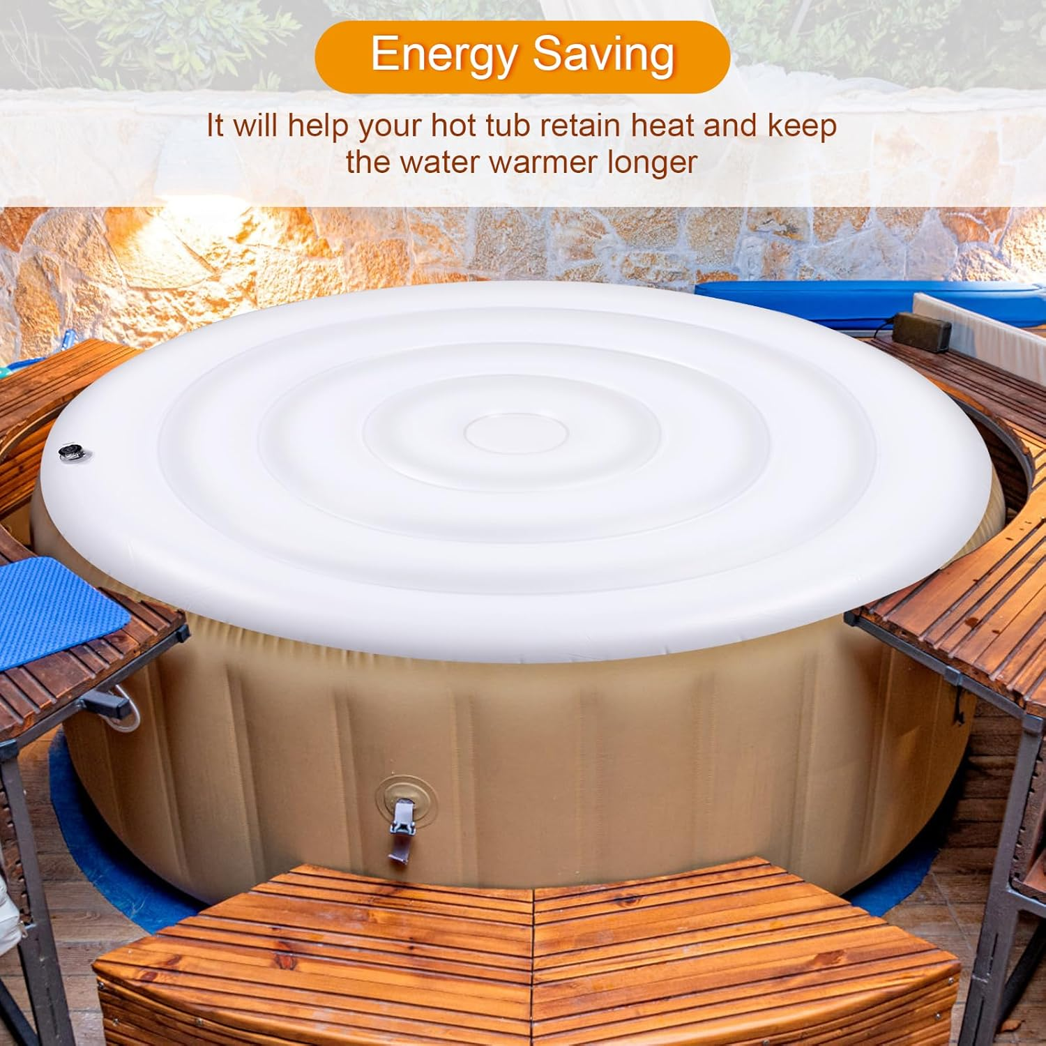 Inflatable Hot Tub Cover, 4.75Ft round Insulated Hot Tub Lid Portable Foldable Hot Tub Cover Protector Rain Overflow Windproof Cover for Inflatable Outdoor Hot Tubs