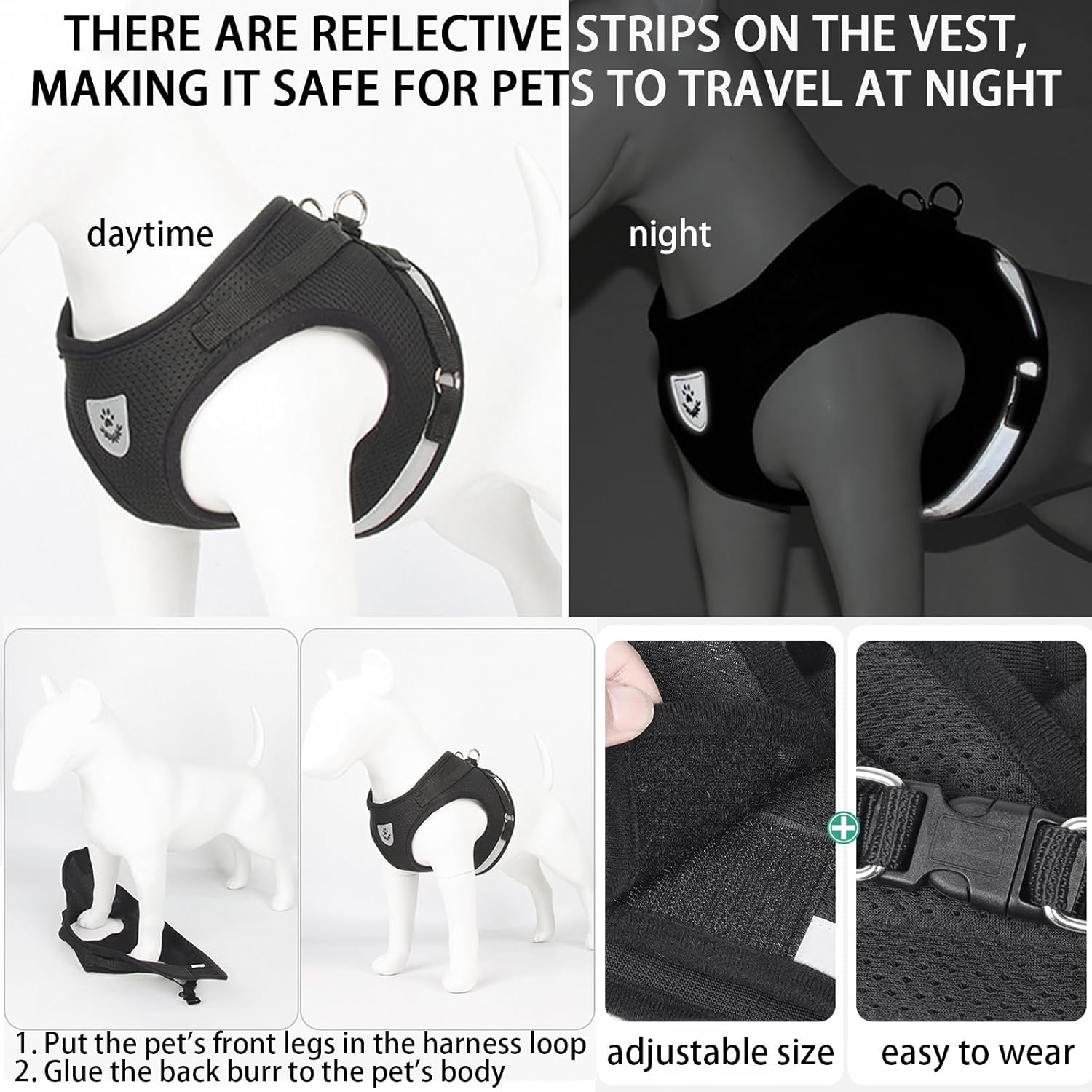 DKDDSSS Cat Harness with Lead Set, Cat Harness, Escape Proof, Adjustable, Cat Vest with Reflective Stripes with Cat Collar, for Kitten Dogs (S, Black)