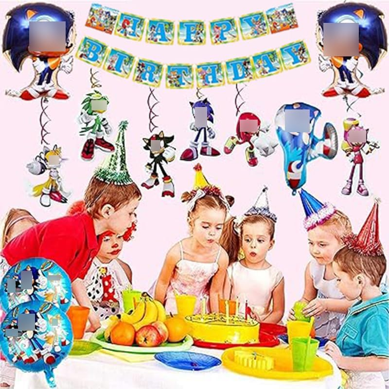 Smileh Birthday Decoration Sonic the Hedgehog Balloons Happy Birthday Banner Hanging Swirls Ornaments for Kids Birthday Party Decoration Birthday Gift