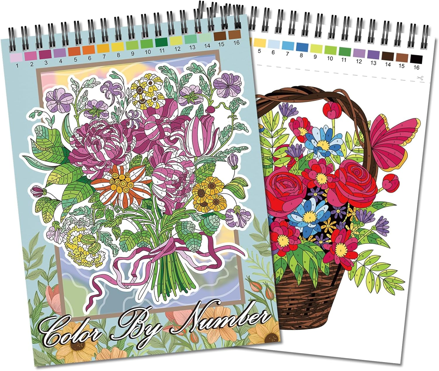 Jadeso Colour by Numbers Adult Colouring Book, Colouring Book for Adult Relaxation, Adult Colouring Book for Women, 30 Pages of Flower Patterns with Top Spiral Bound, Colour by Numbers for Adults, A4 Size with Cardboard