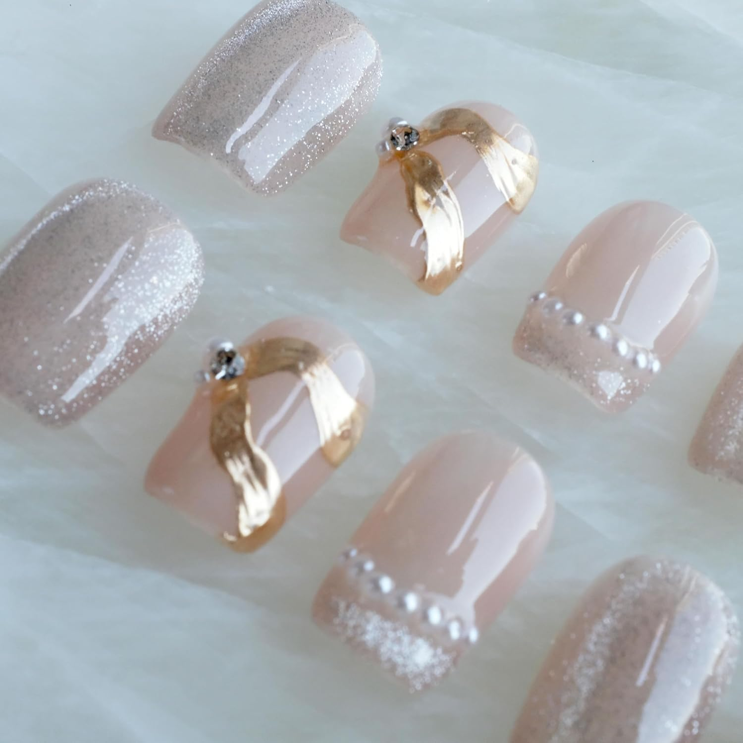 [GLORS] Purely Handmade Press on Nails | Elegant French Pink Pearl Gold Fake False Nail | Salon Quality in Short Square Shape, 10 Pieces (Small, SS) image number 5