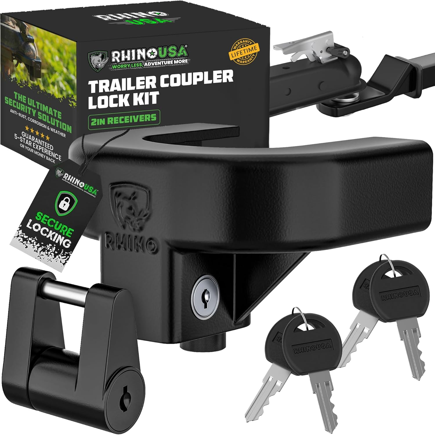 Rhino USA Trailer Hitch Lock Kit (For 2" Trailers) Heavy Duty anti Theft Trailer Coupler Locks for RV, Camper, Trailer, Boat, Caravan - Reinforced Solid Steel Tow Lock for Trailer Tongue image number 6