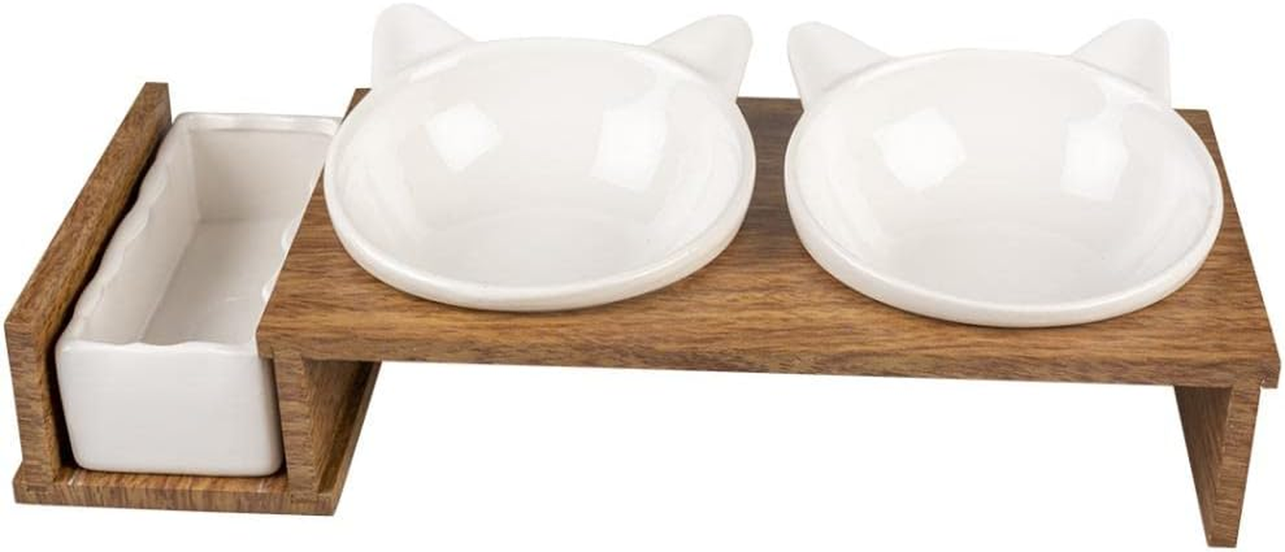 Duvoplus, Set of 3 Ceramic Cat Bowls, Stony up Model, Polywood Stand, 3 Bowls for Eating, Drinking and Catnip, Dishwasher Safe, 250Ml + 350Ml, White