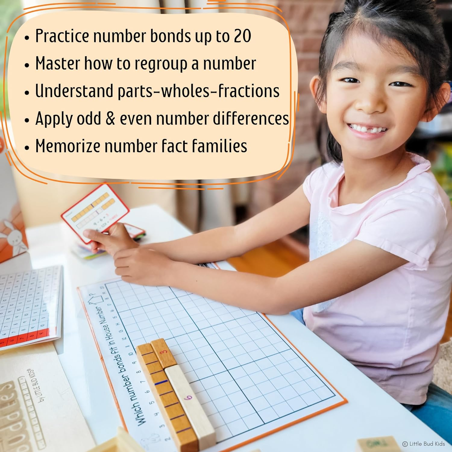 LITTLE BUD KIDS House of Number Buddies Maths Game, a Number Bonds Maths Toy with Number Rods and Addition & Subtraction Flash Cards, Montessori Material for Kids 4-8 Years Old image number 6