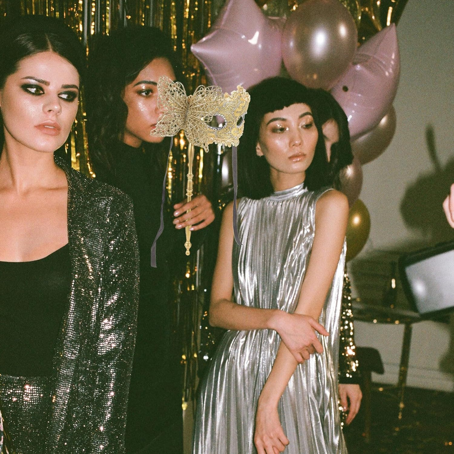 NUOBESTY Masquerade Mask with Stick Venetian Halloween Costume Mask Mardi Gras Mask for Womens Cosplay(Golden) image number 4