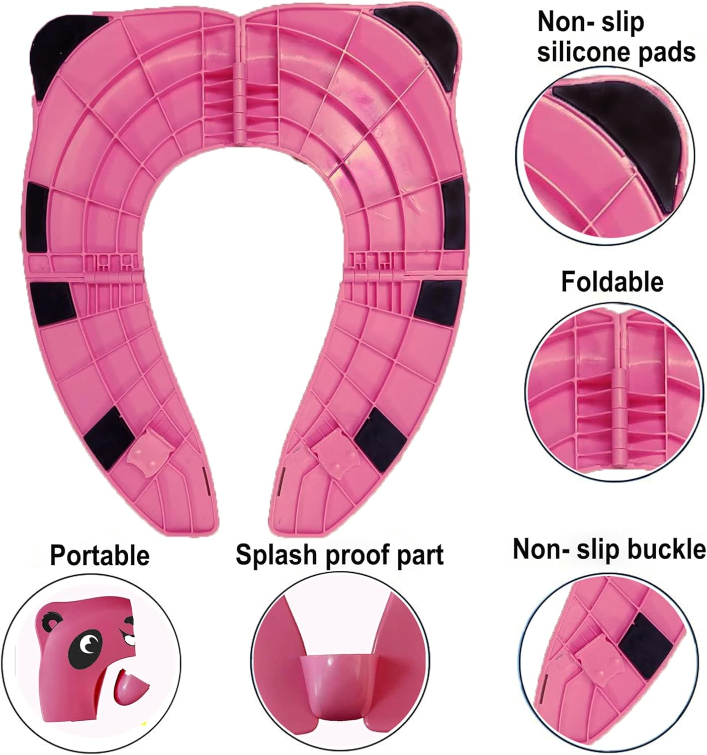 Meno Upgrade Portable Potty Seat with Splash Guard for Toddler, Foldable Travel Potty Seat with Carry Bag, Non-Slip Pads Toilet Potty Training Seat Covers for Baby, Toddlers and Kids (Pink)