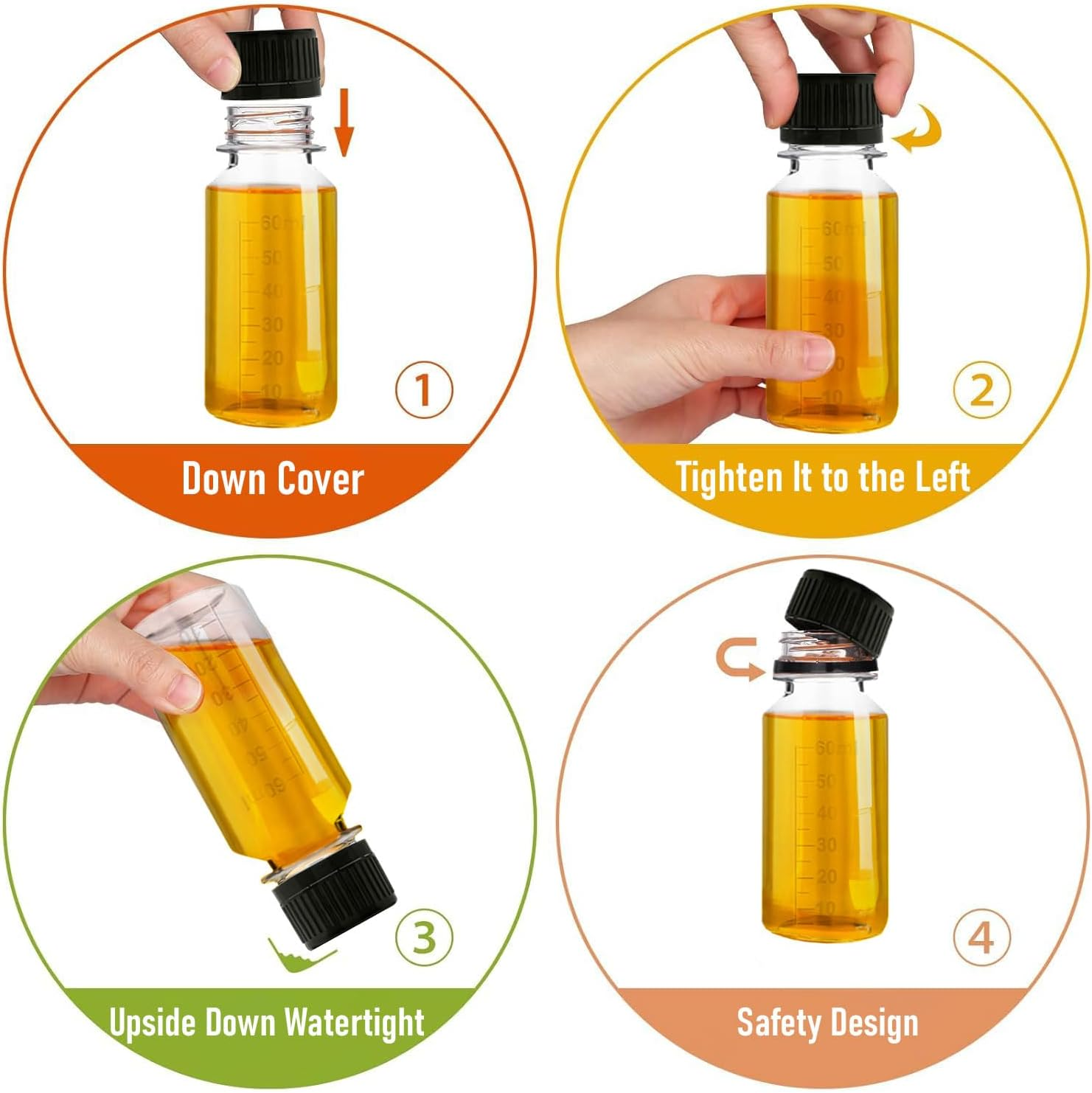 45 Pcs Mini Liquor Bottles, 2Oz Mini Empty Plastic Alcohol Shot Bottles, Plastic Flasks with Black Lid, 48 round Stickers, 2 Funnels and 1 Cleaning Brush, Suitable for Weddings, Parties, Camping image number 3