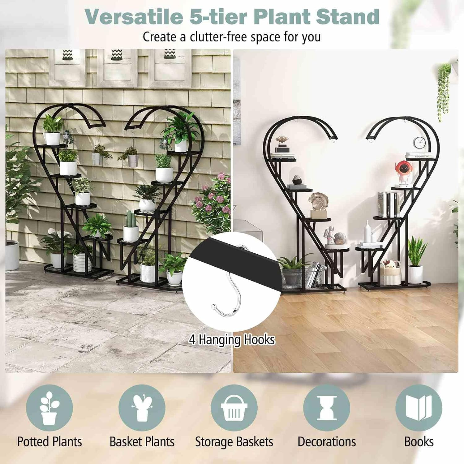 Costway 5 Tier Metal Plant Stand, Heart-Shaped Ladder Plant Shelf W/Hanging Hook for Multiple Plants, Indoor Tiered Flower Display Shelf for Living Room Bedroom Balcony (2 Pack) (Black) - Black image number 2